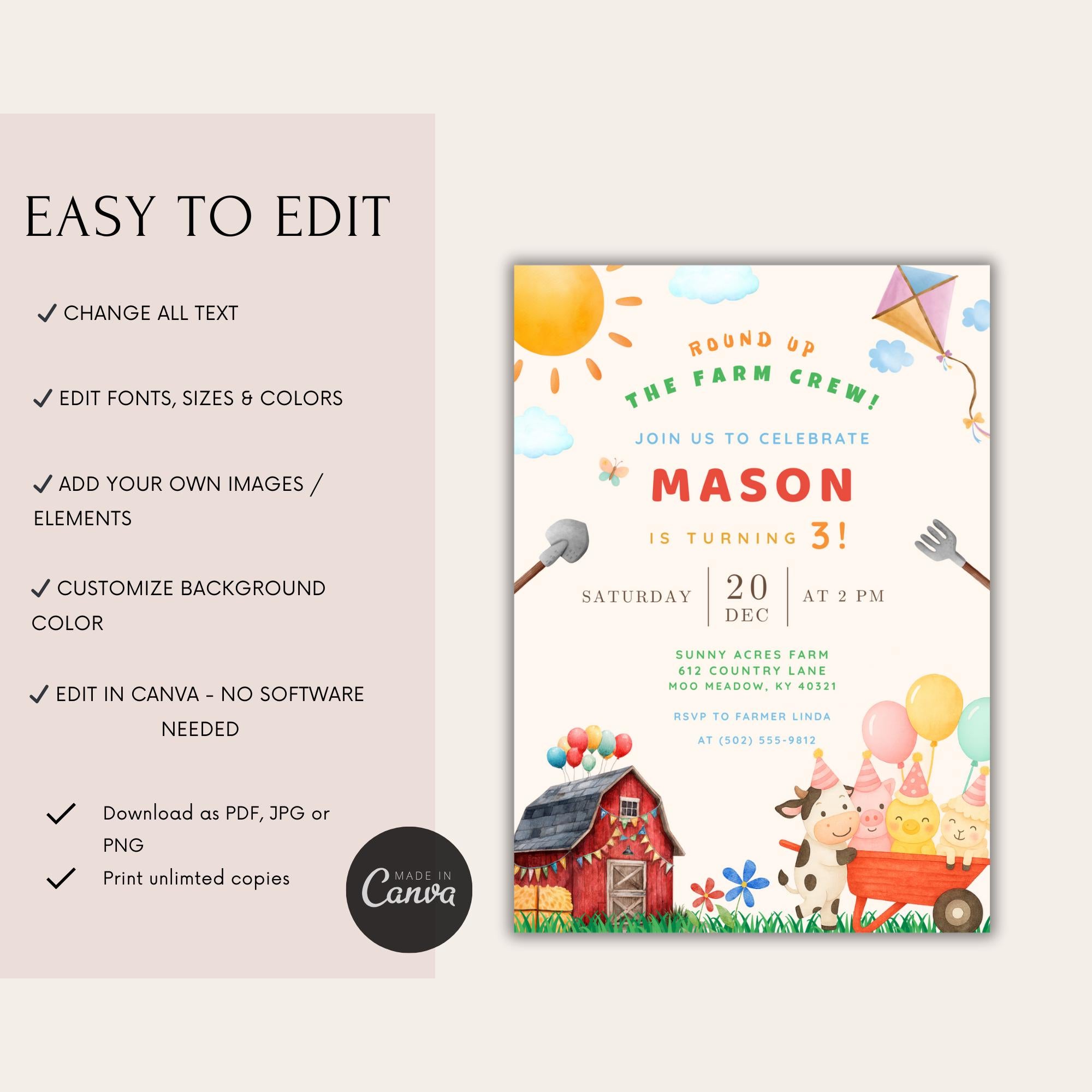 Watercolor Farm Animals Kids Birthday Invitation