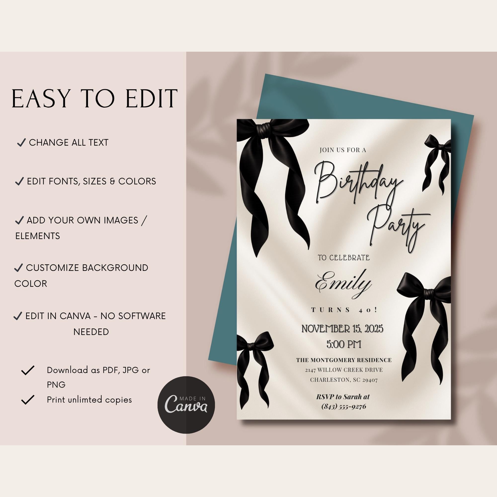 Elegant Black Bow 40th Birthday Invitation