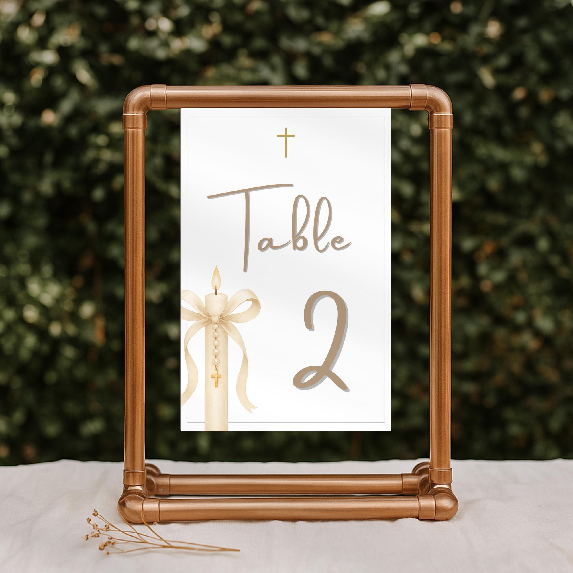 Gold Candle Baptism Table Number Cards