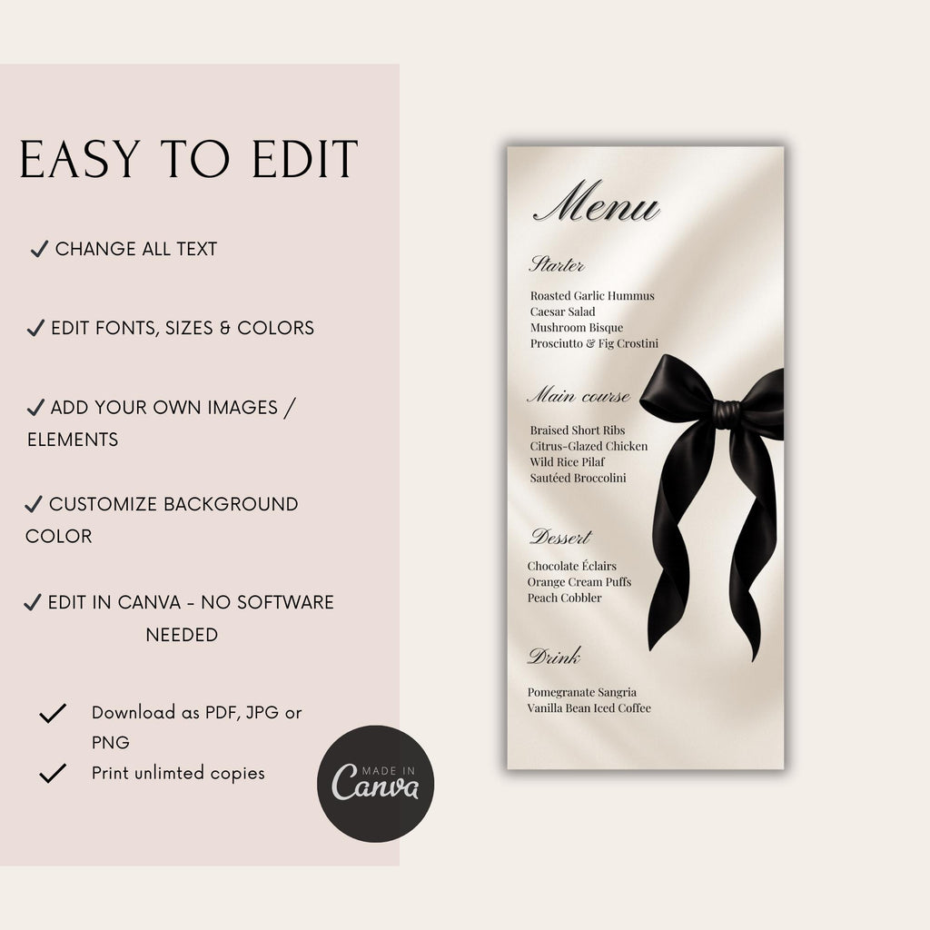 Black Bow Dinner Menu Card