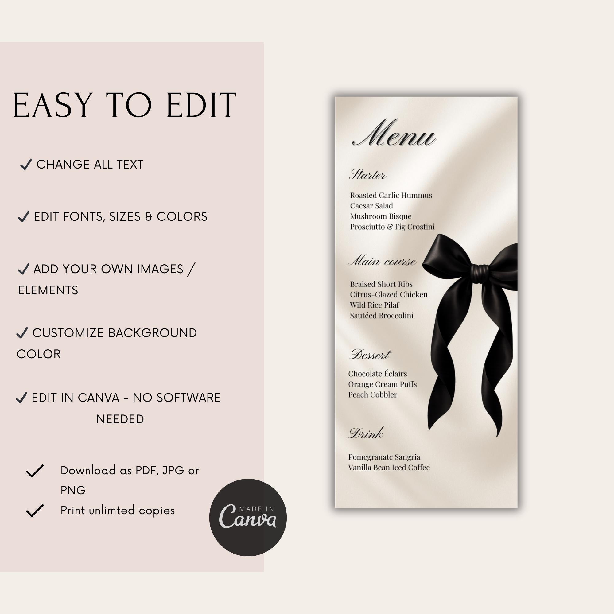 Black Bow Dinner Menu Card