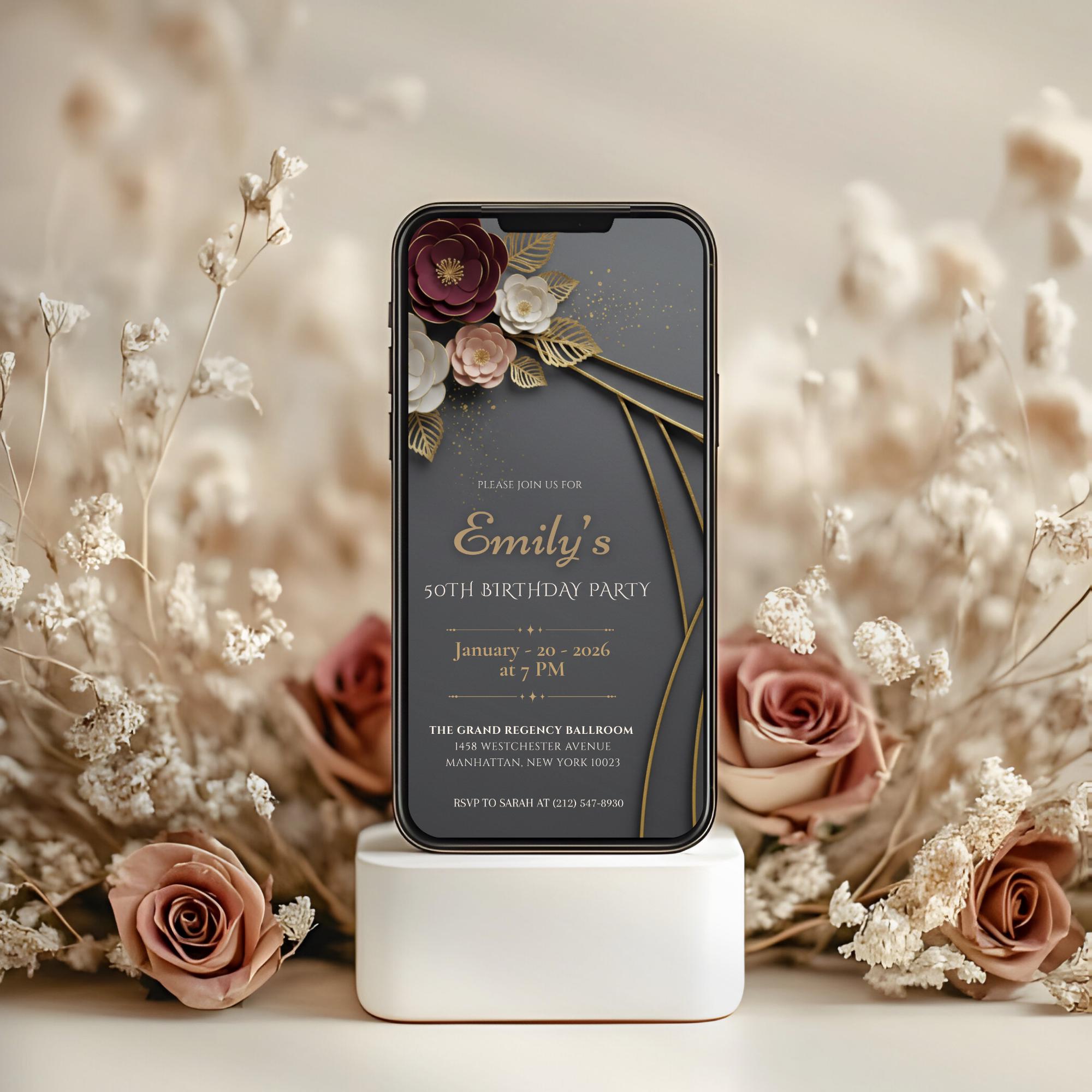 Elegant Burgundy Gold Floral 50th Birthday Invitation
