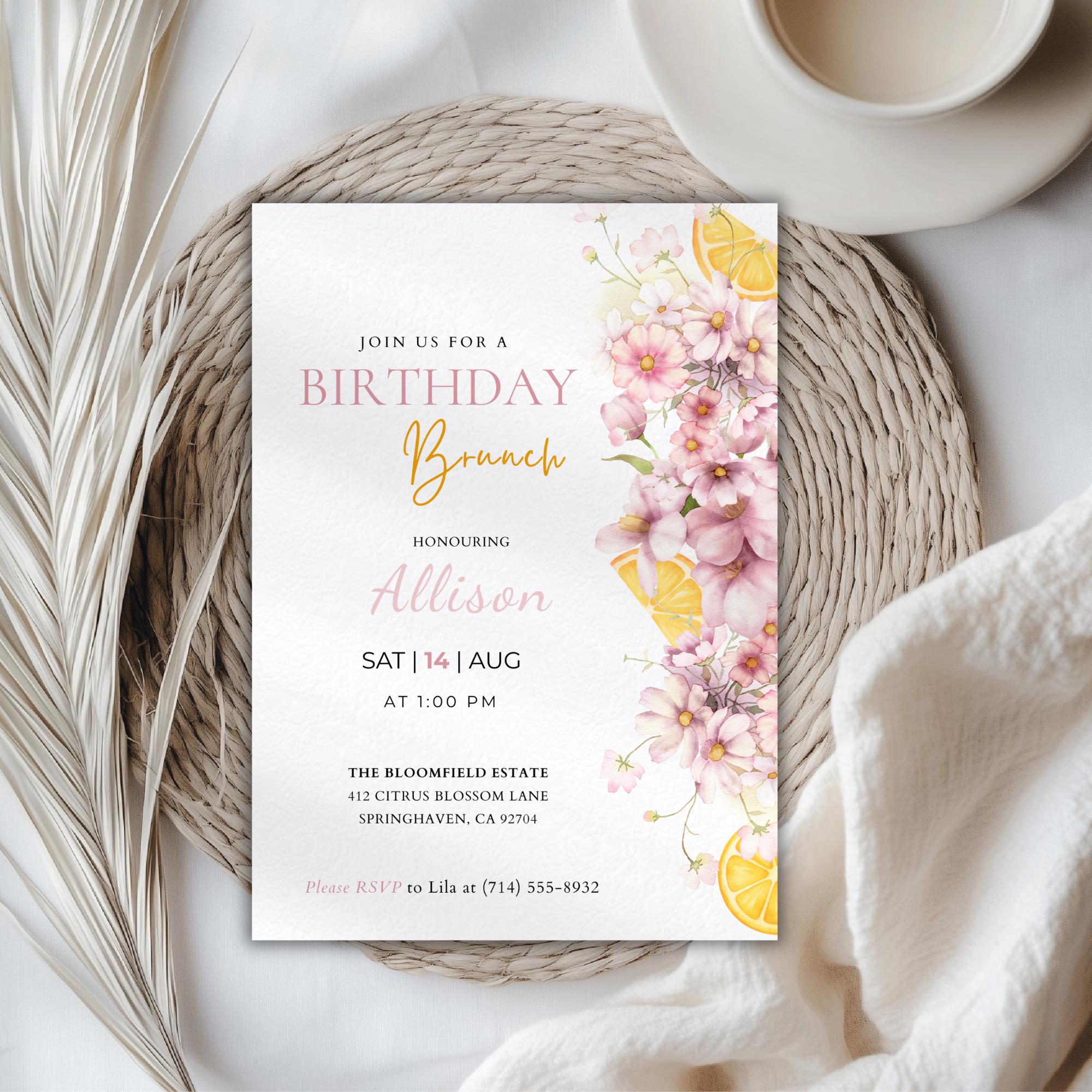 Watercolor Floral Citrus Birthday Brunch Invitation