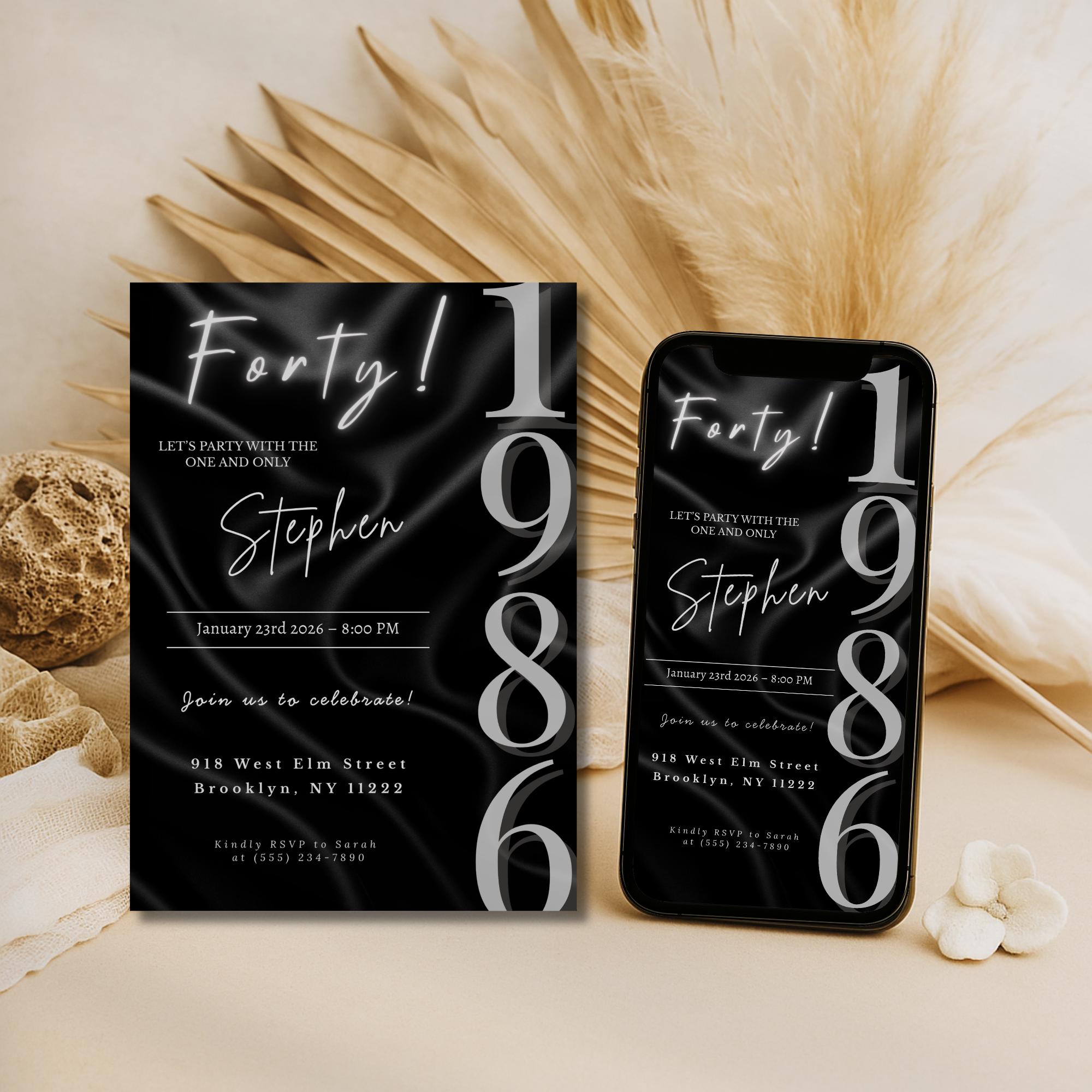 Elegant Black Satin 40th Birthday Invitation 1986