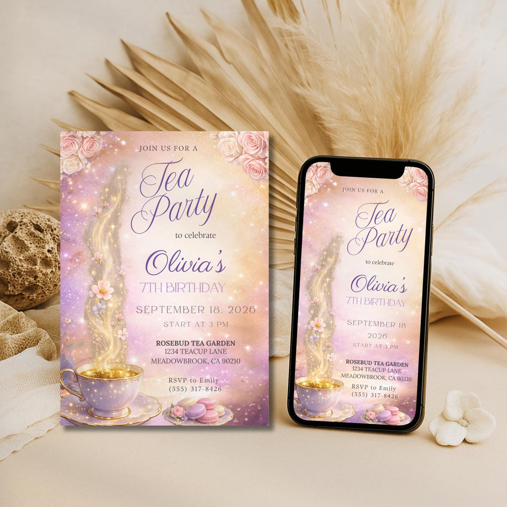 Magical Floral Tea Party Kids Birthday Invitation