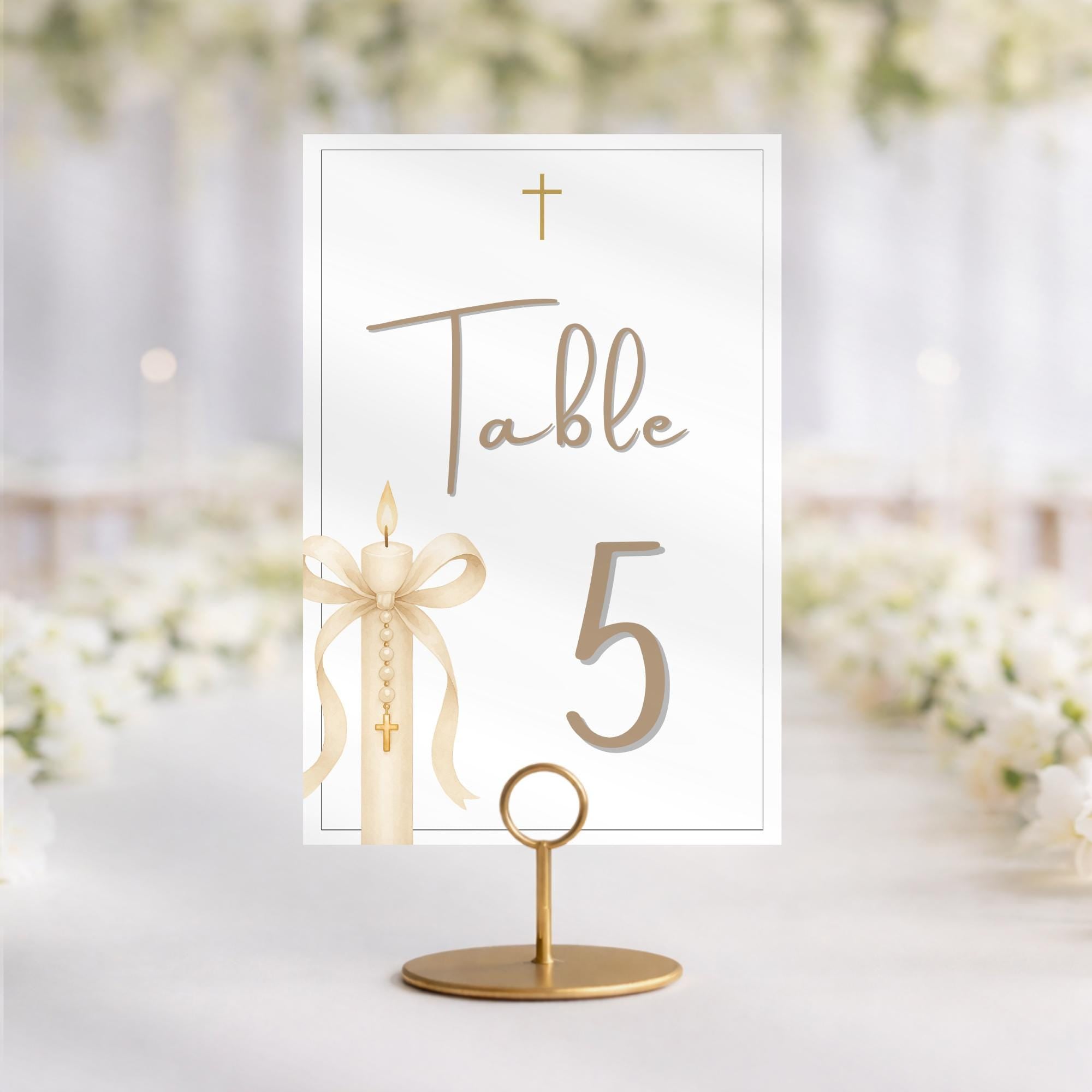 Gold Candle Baptism Table Number Cards