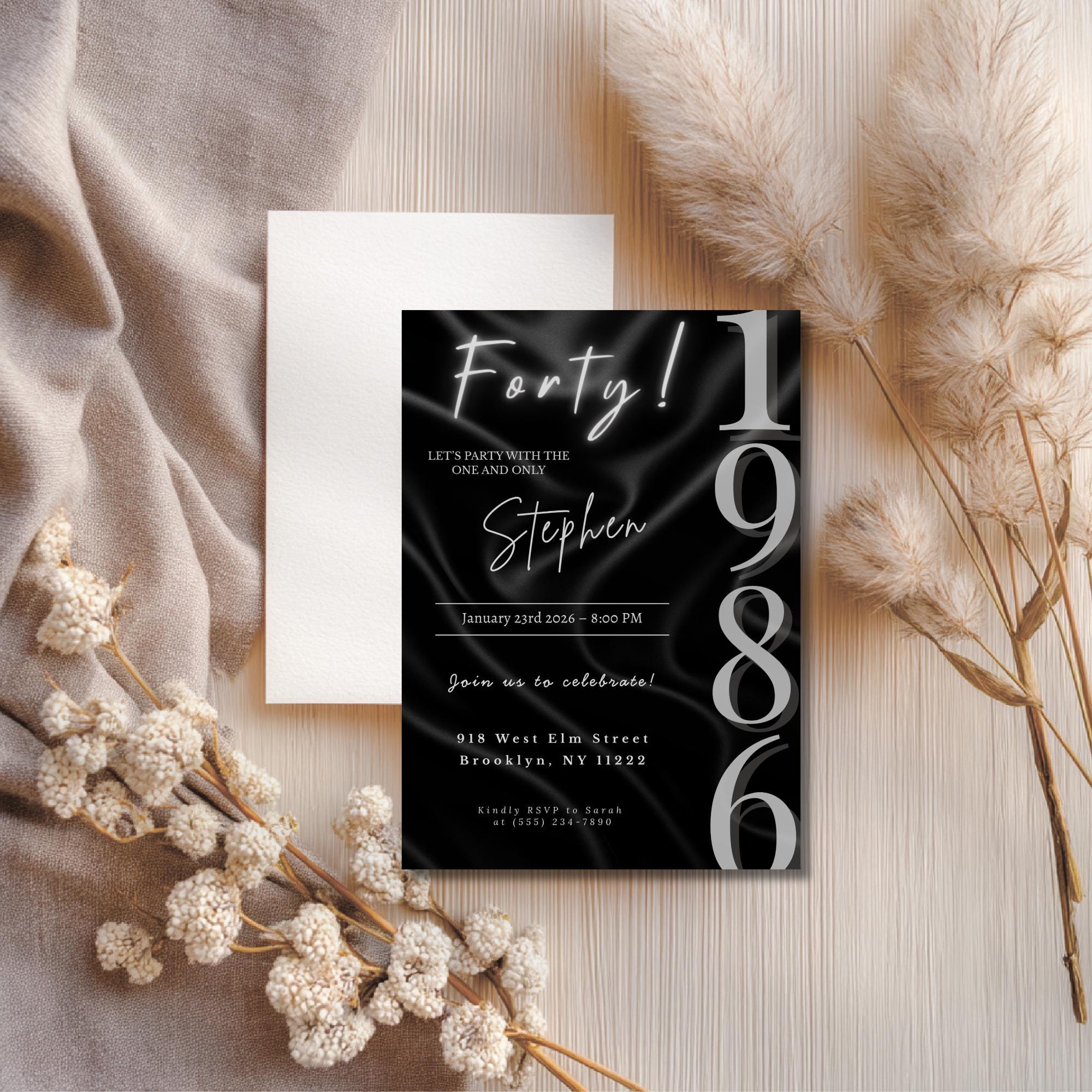 Elegant Black Satin 40th Birthday Invitation 1986