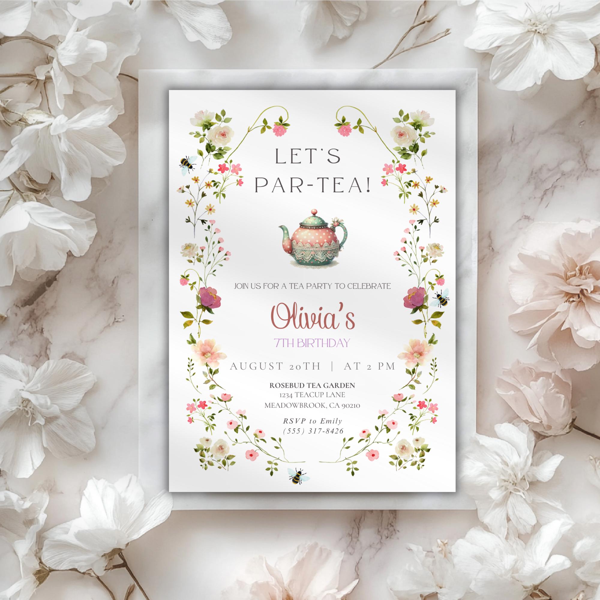 Watercolor Floral Tea Party Kids Birthday Invitation
