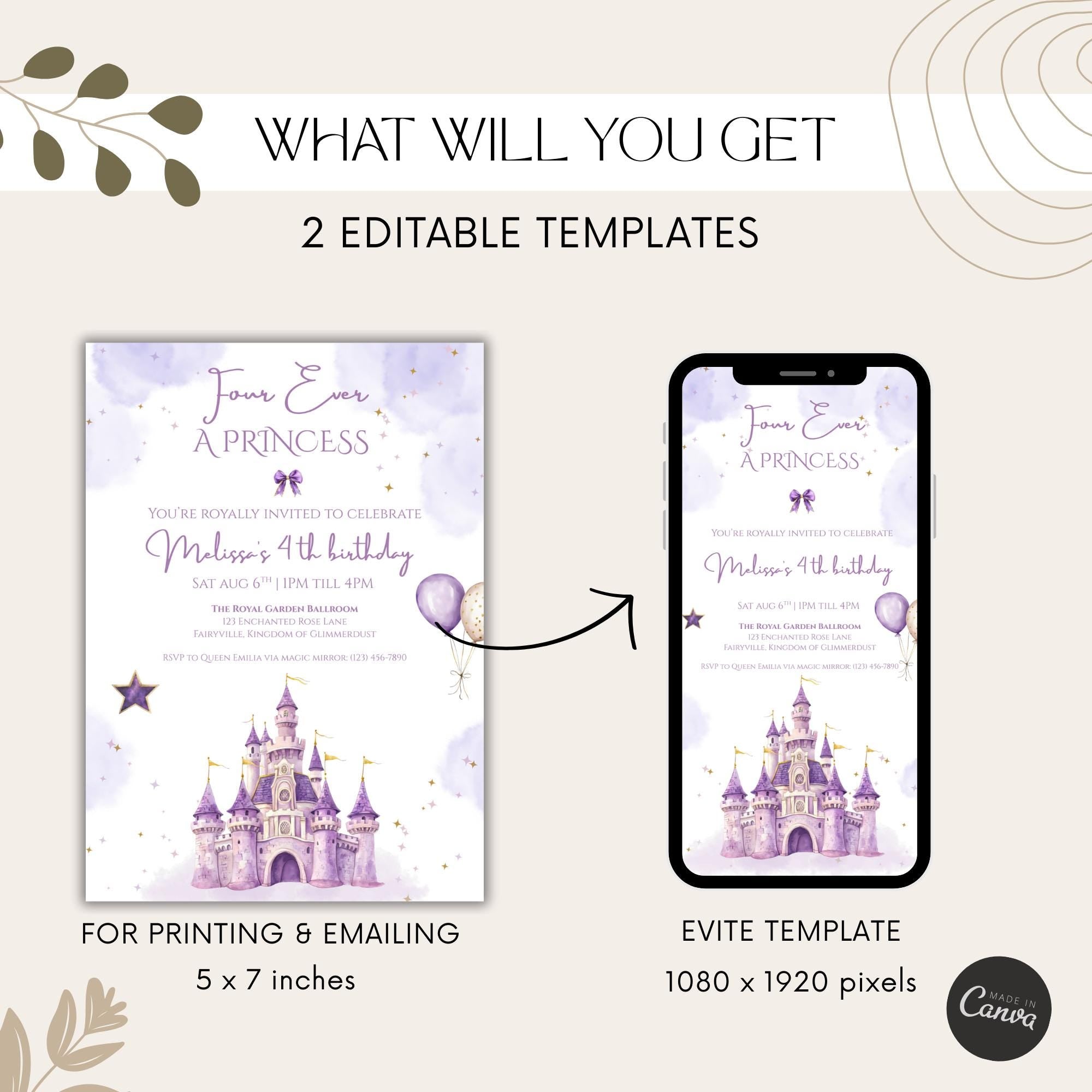 Purple Watercolor Princess Castle Birthday Invitation