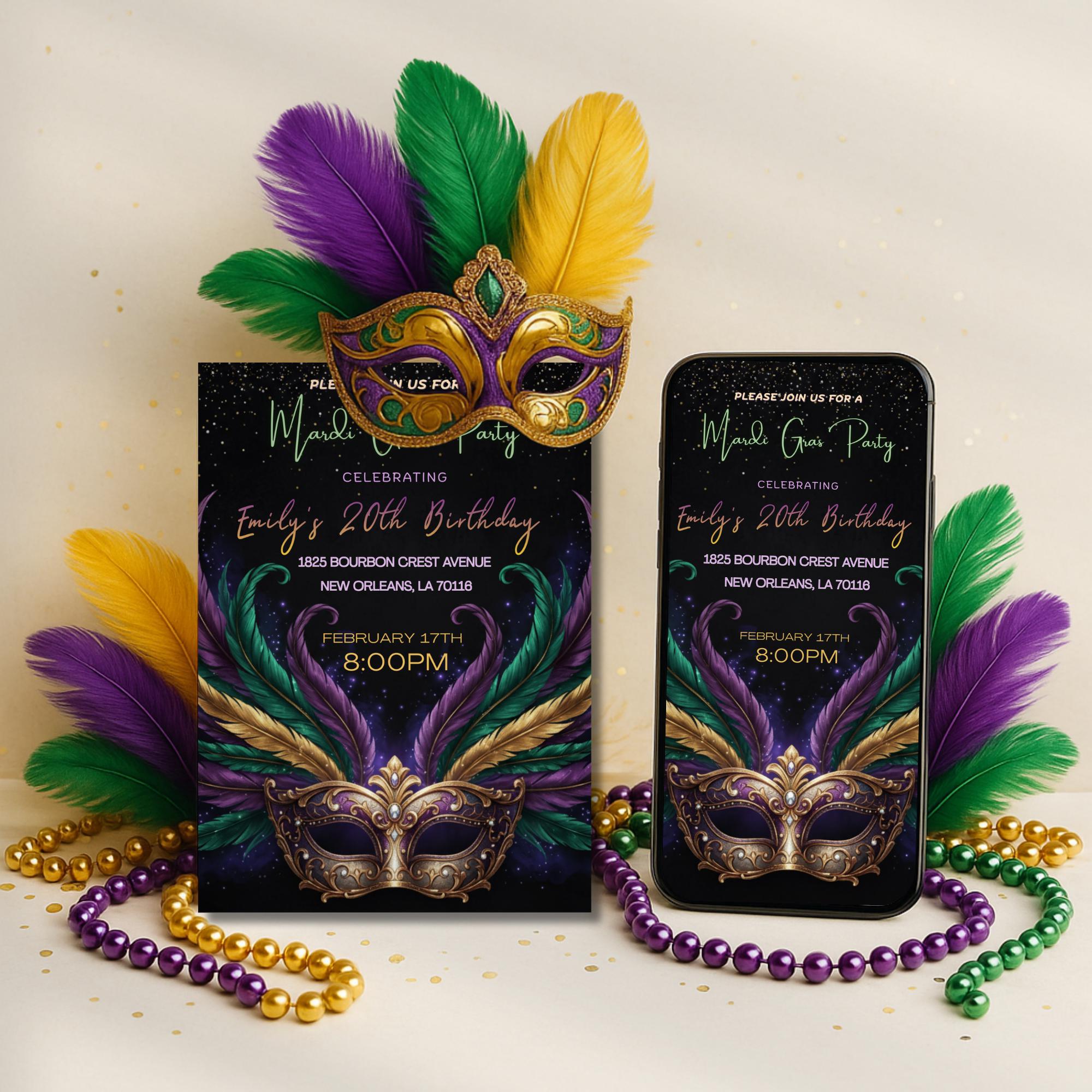 Mardi Gras Feather Mask Birthday Invitation