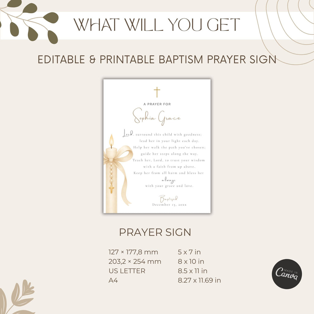 Gold Candle Baptism Prayer Card Sign