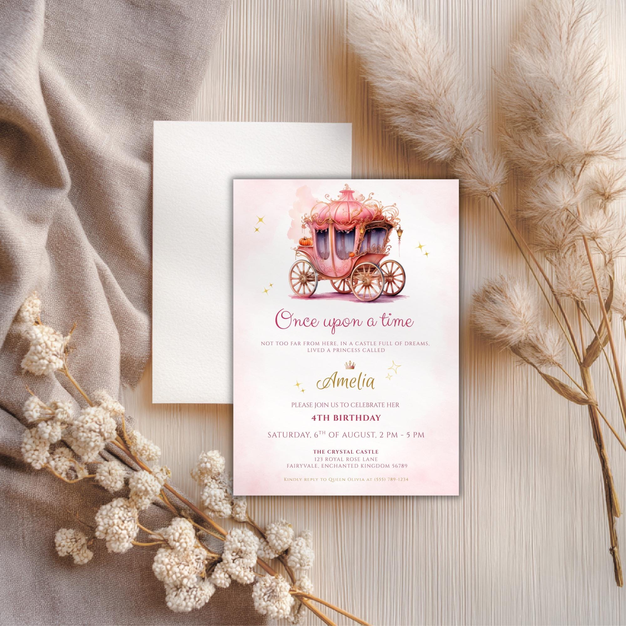 Watercolor Fairytale Princess Carriage Birthday Invitation