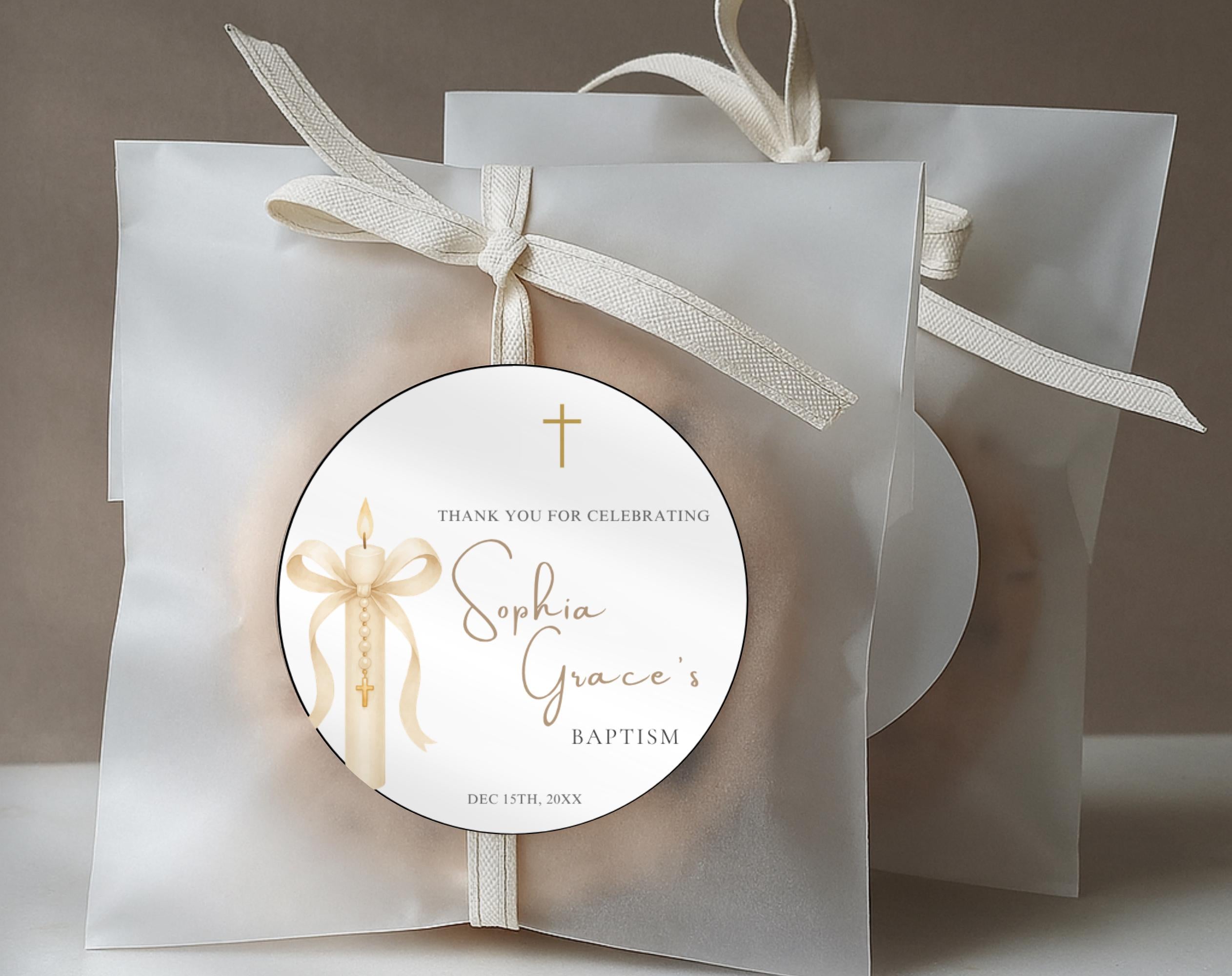 Gold Candle Baptism Favor Tags