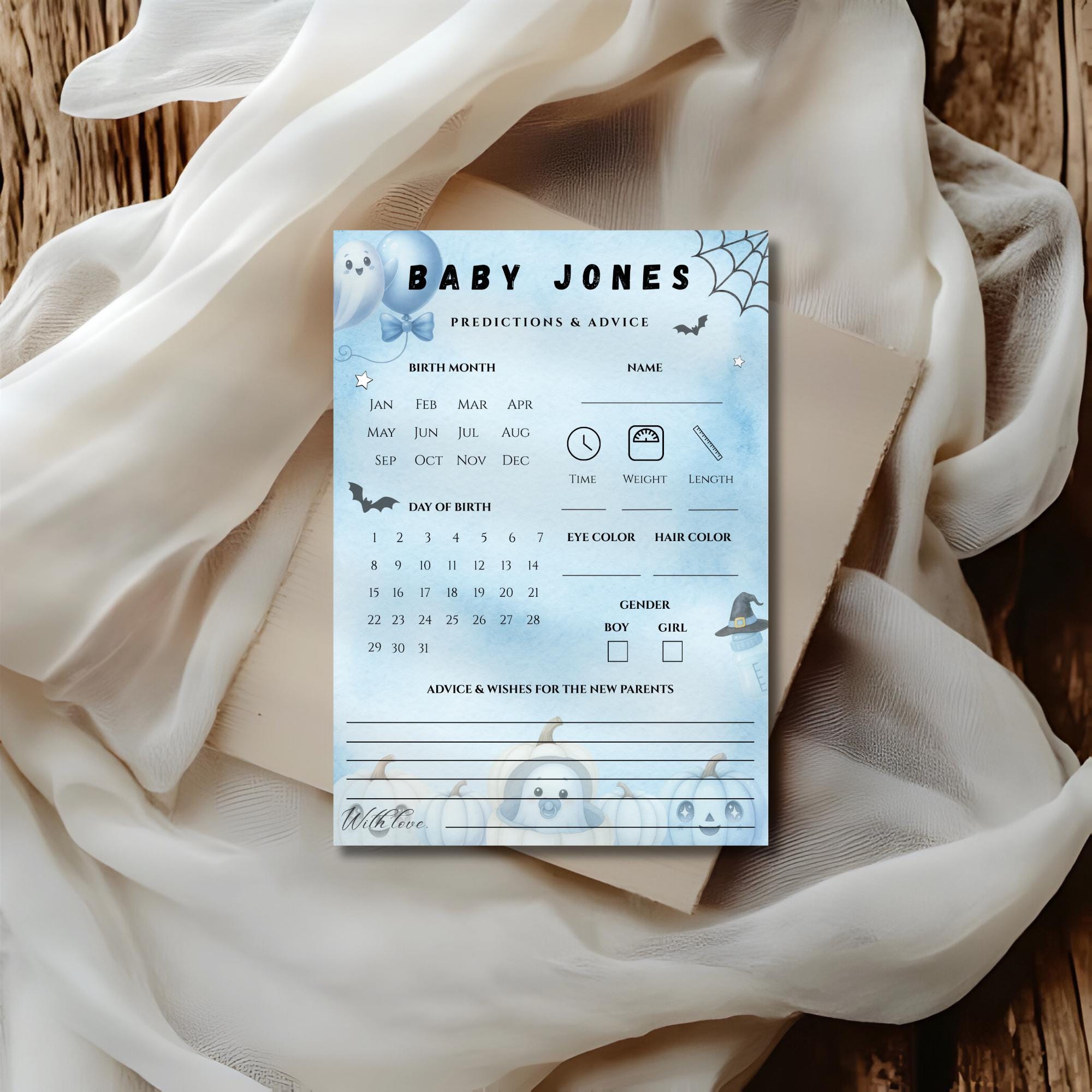 Little Boo Blue Predictions & Advice Card - Little Boo blue Halloween baby shower printable