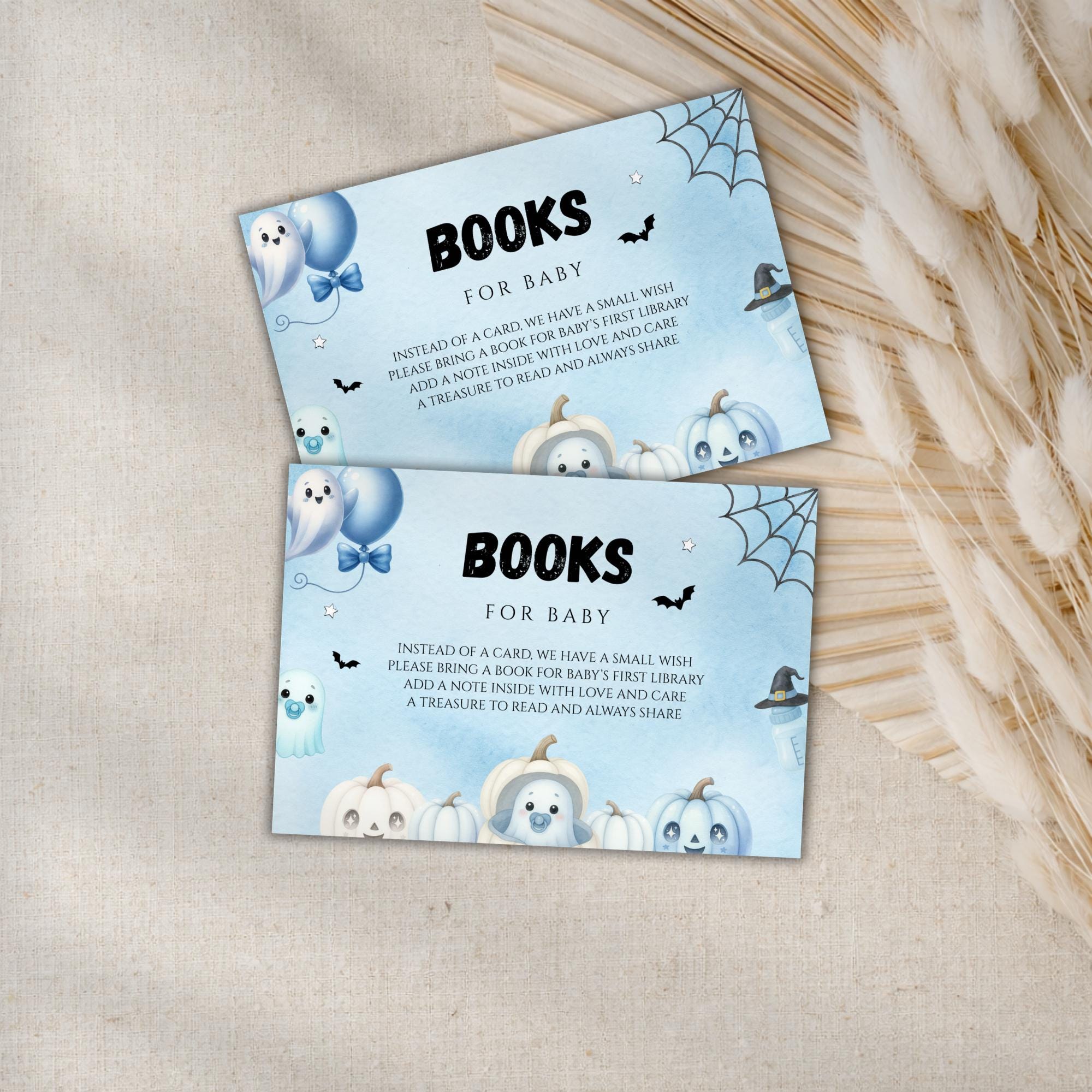 Little Boo Blue Books for Baby Card - Little Boo blue Halloween baby shower printable