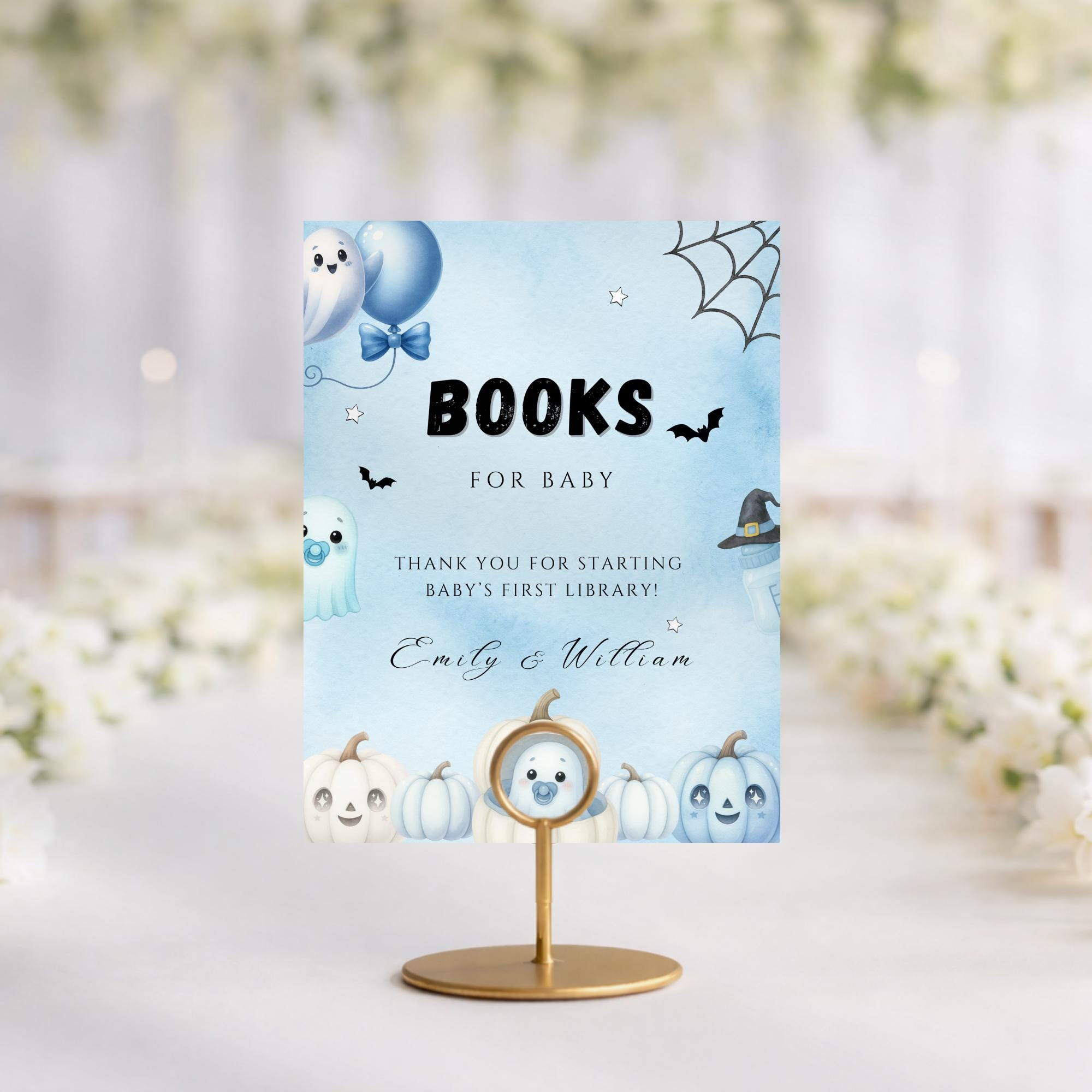 Little Boo Blue Books for Baby Sign - Little Boo blue Halloween baby shower printable