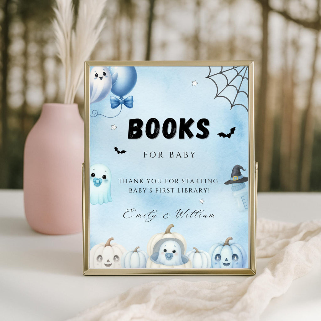 Little Boo Blue Books for Baby Sign - Little Boo blue Halloween baby shower printable