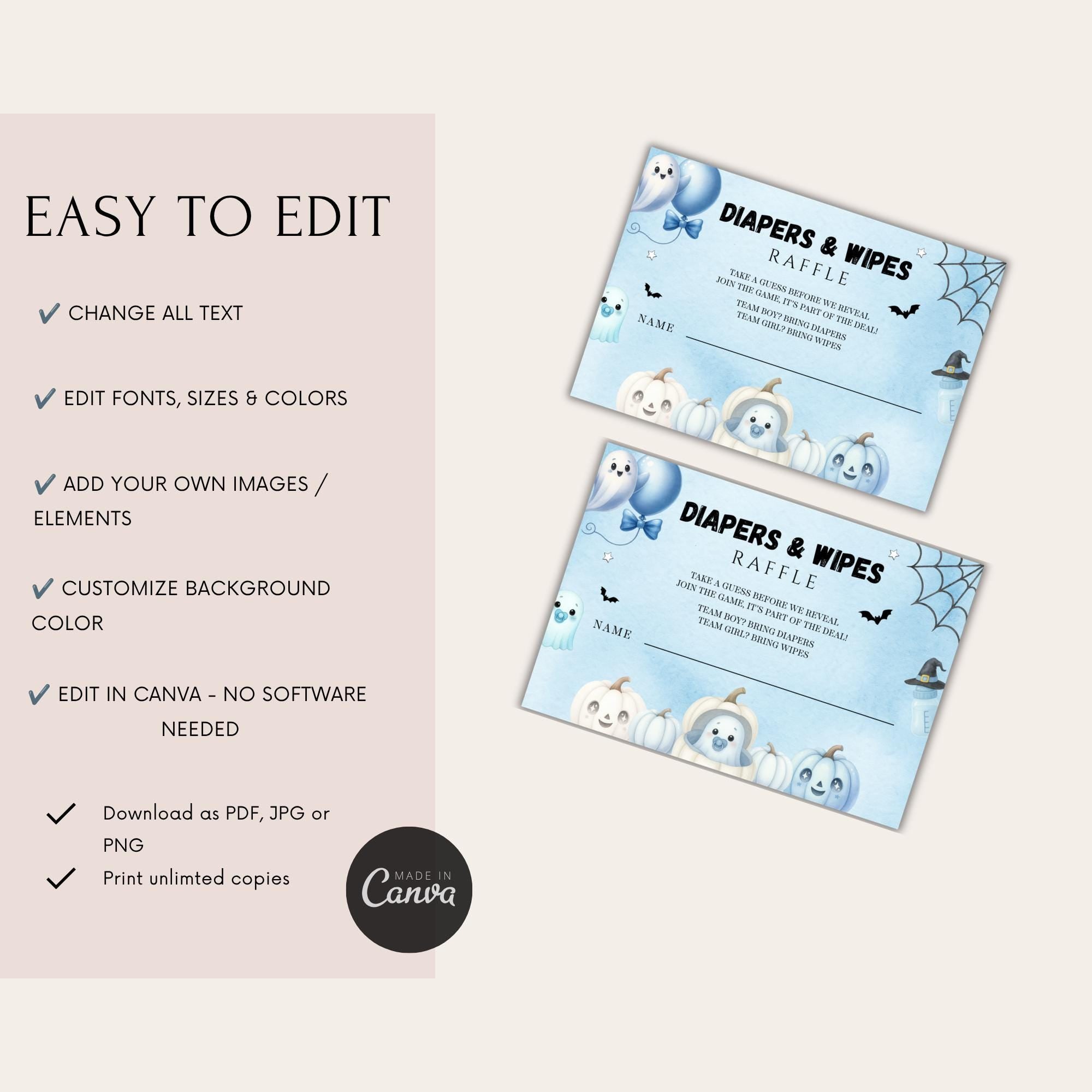 Little Boo Blue Diaper Raffle Card - Little Boo blue Halloween baby shower printable