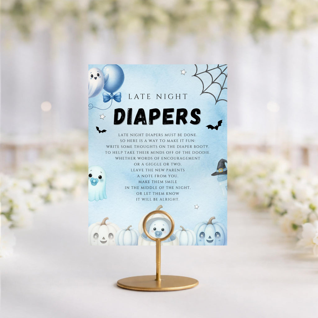 Little Boo Blue Late Night Diapers Sign - Little Boo blue Halloween baby shower printable