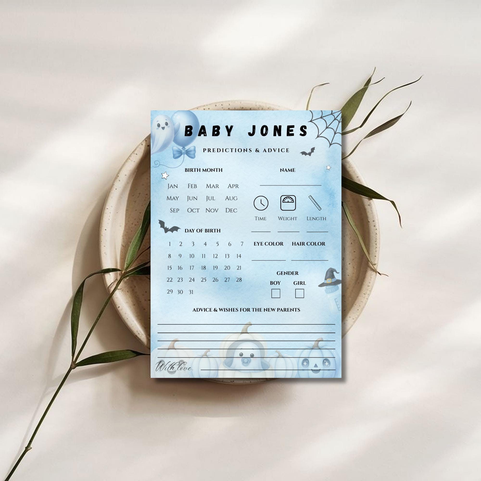 Little Boo Blue Predictions & Advice Card - Little Boo blue Halloween baby shower printable