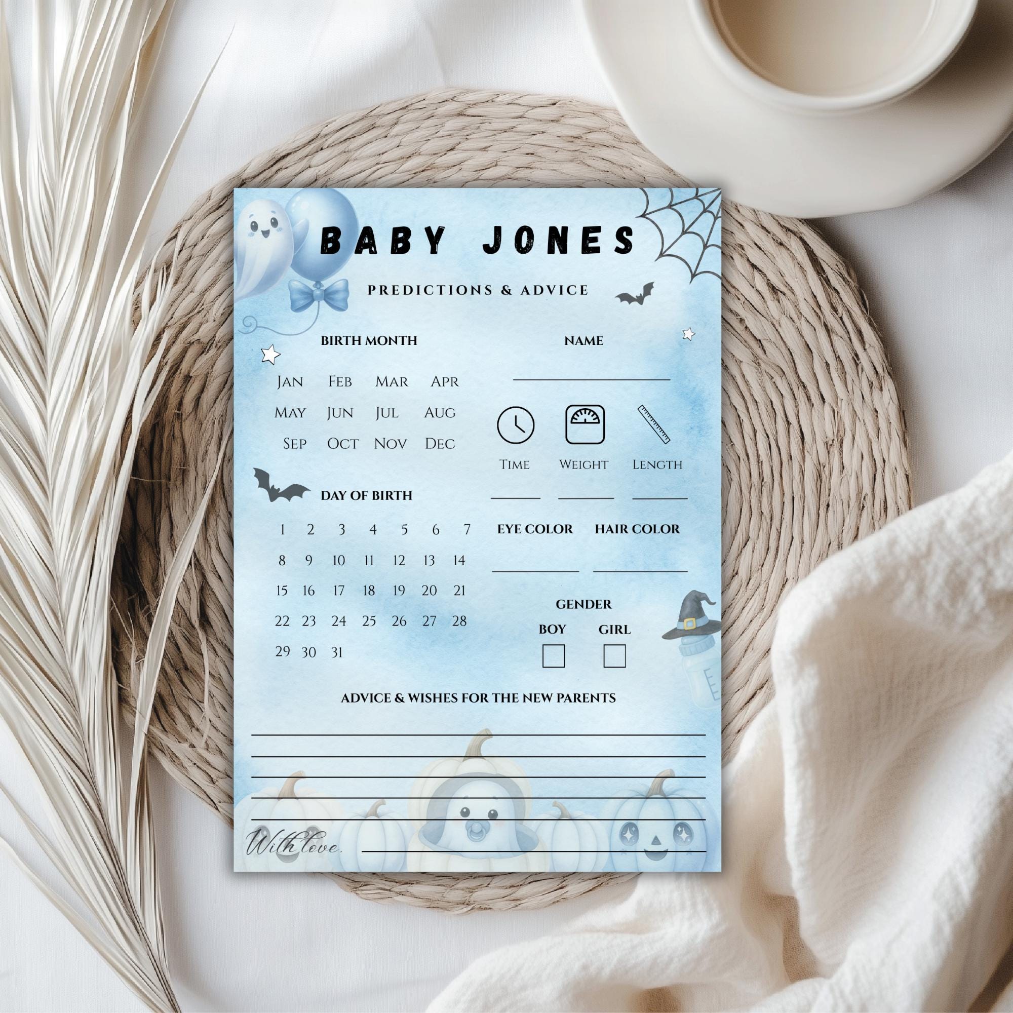 Little Boo Blue Predictions & Advice Card - Little Boo blue Halloween baby shower printable