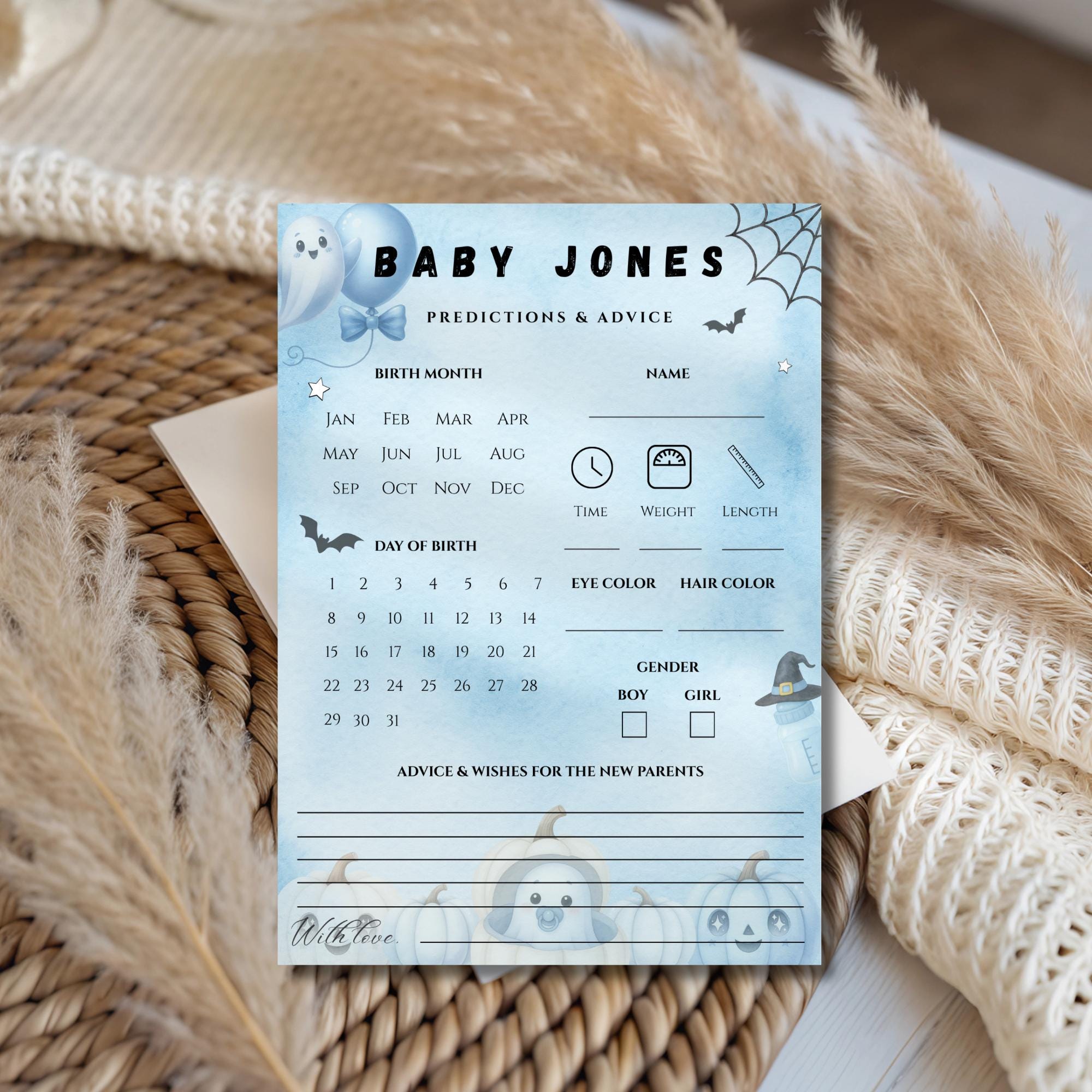 Little Boo Blue Predictions & Advice Card - Little Boo blue Halloween baby shower printable