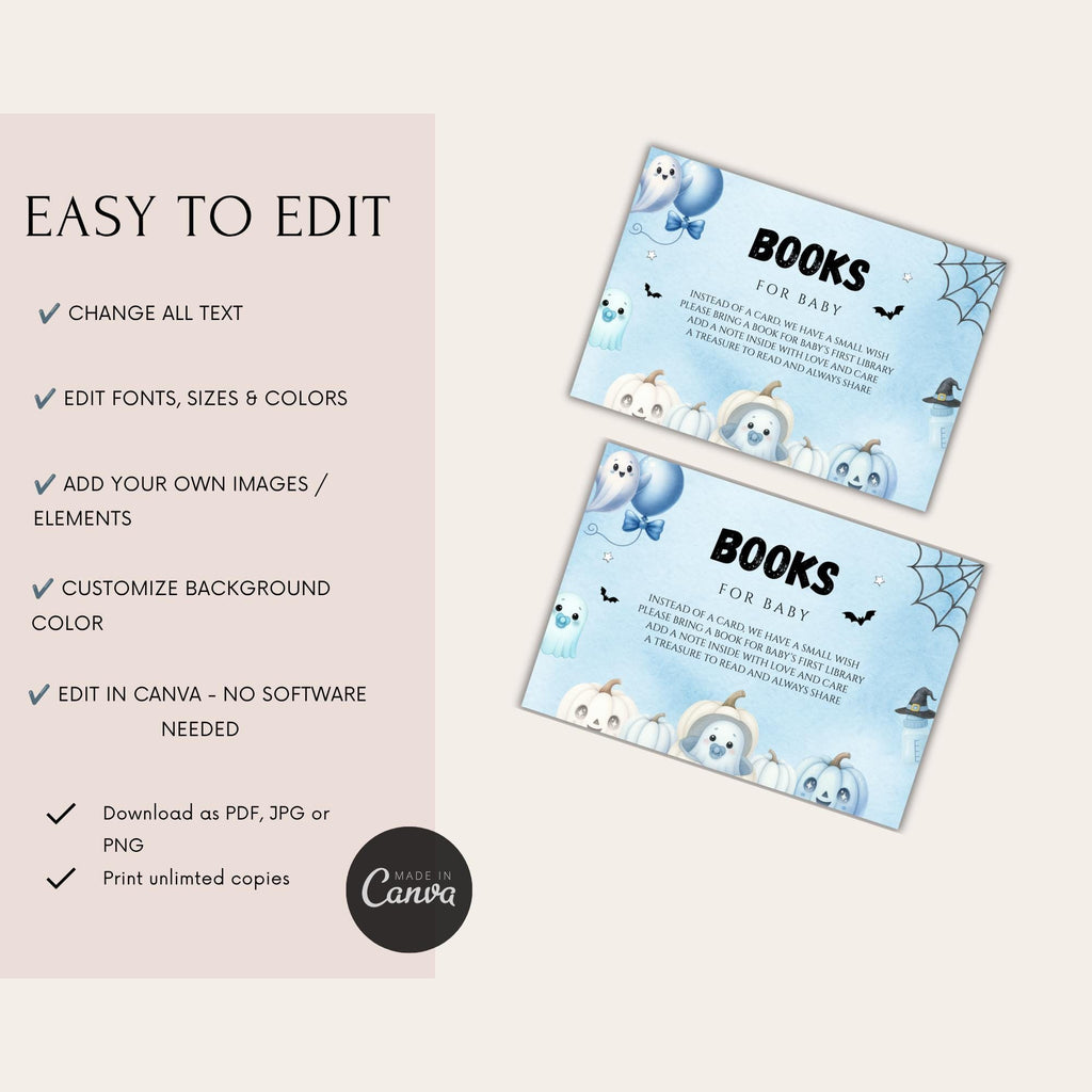 Little Boo Blue Books for Baby Card - Little Boo blue Halloween baby shower printable