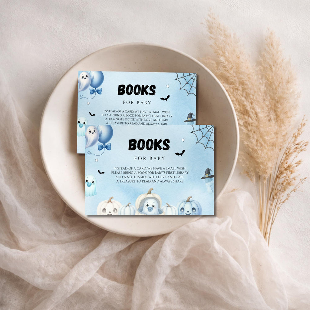 Little Boo Blue Books for Baby Card - Little Boo blue Halloween baby shower printable