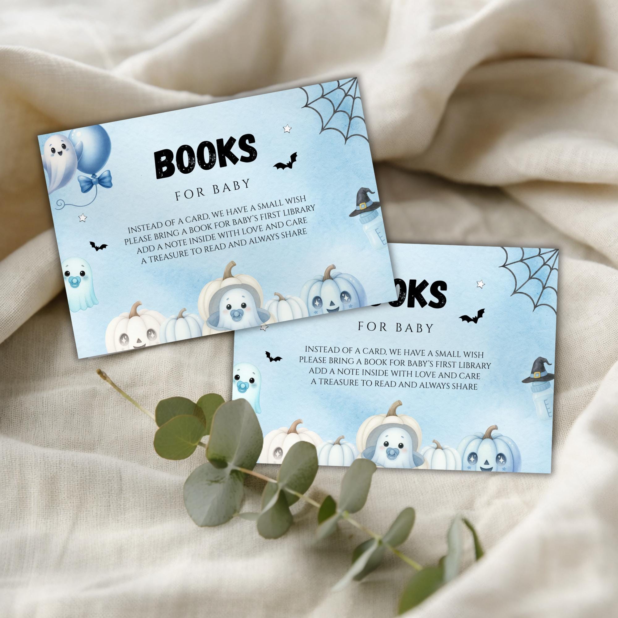 Little Boo Blue Books for Baby Card - Little Boo blue Halloween baby shower printable