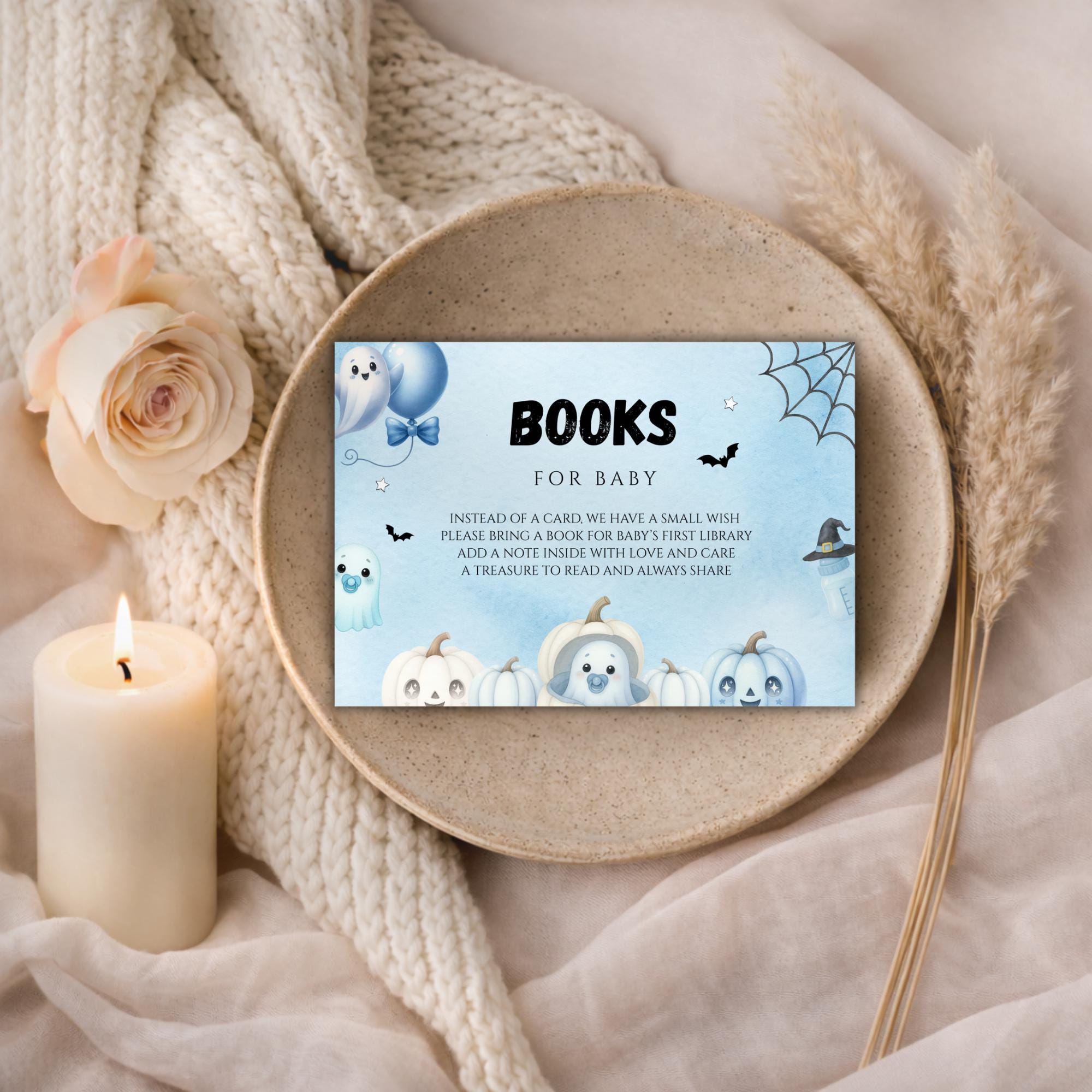 Little Boo Blue Books for Baby Card - Little Boo blue Halloween baby shower printable