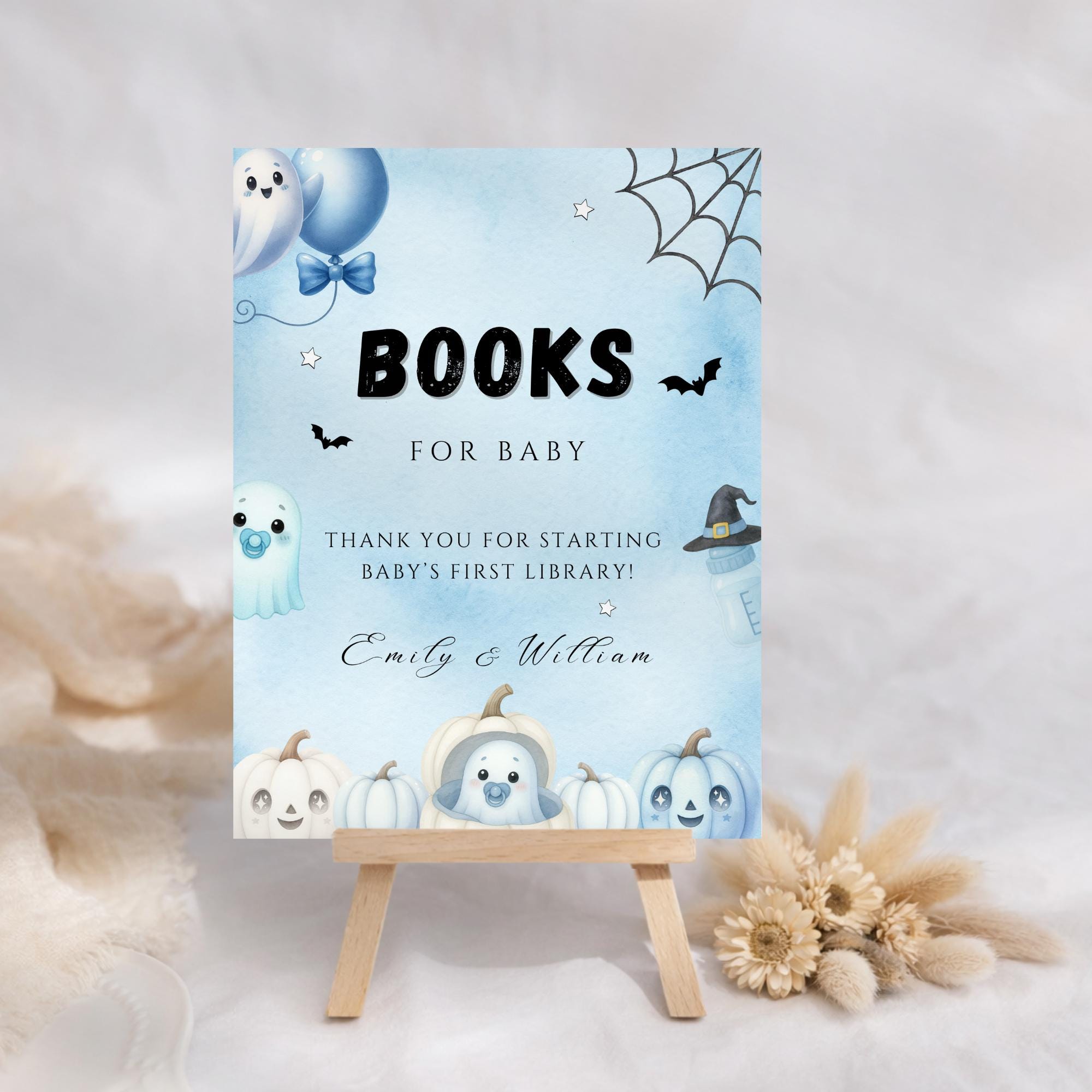Little Boo Blue Books for Baby Sign - Little Boo blue Halloween baby shower printable