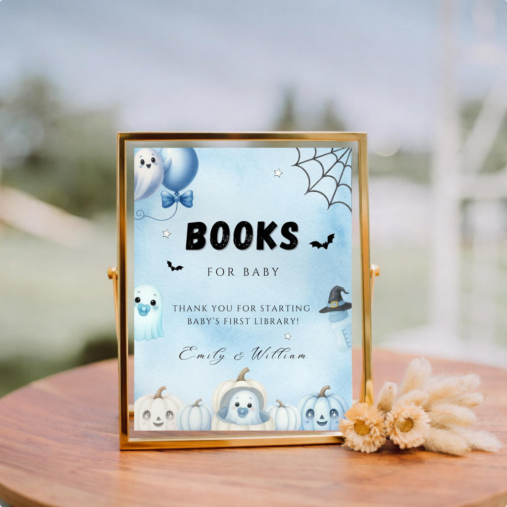 Little Boo Blue Books for Baby Sign - Little Boo blue Halloween baby shower printable