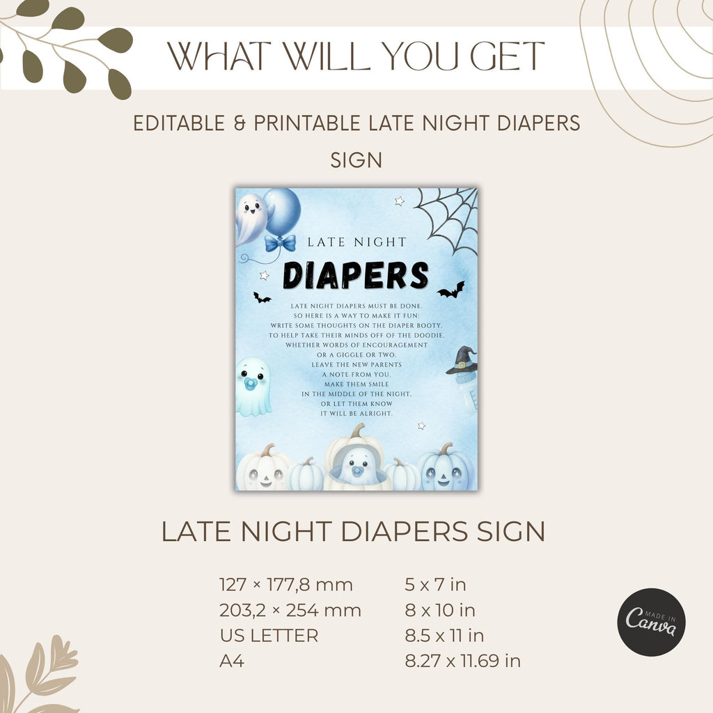 Little Boo Blue Late Night Diapers Sign - Little Boo blue Halloween baby shower printable