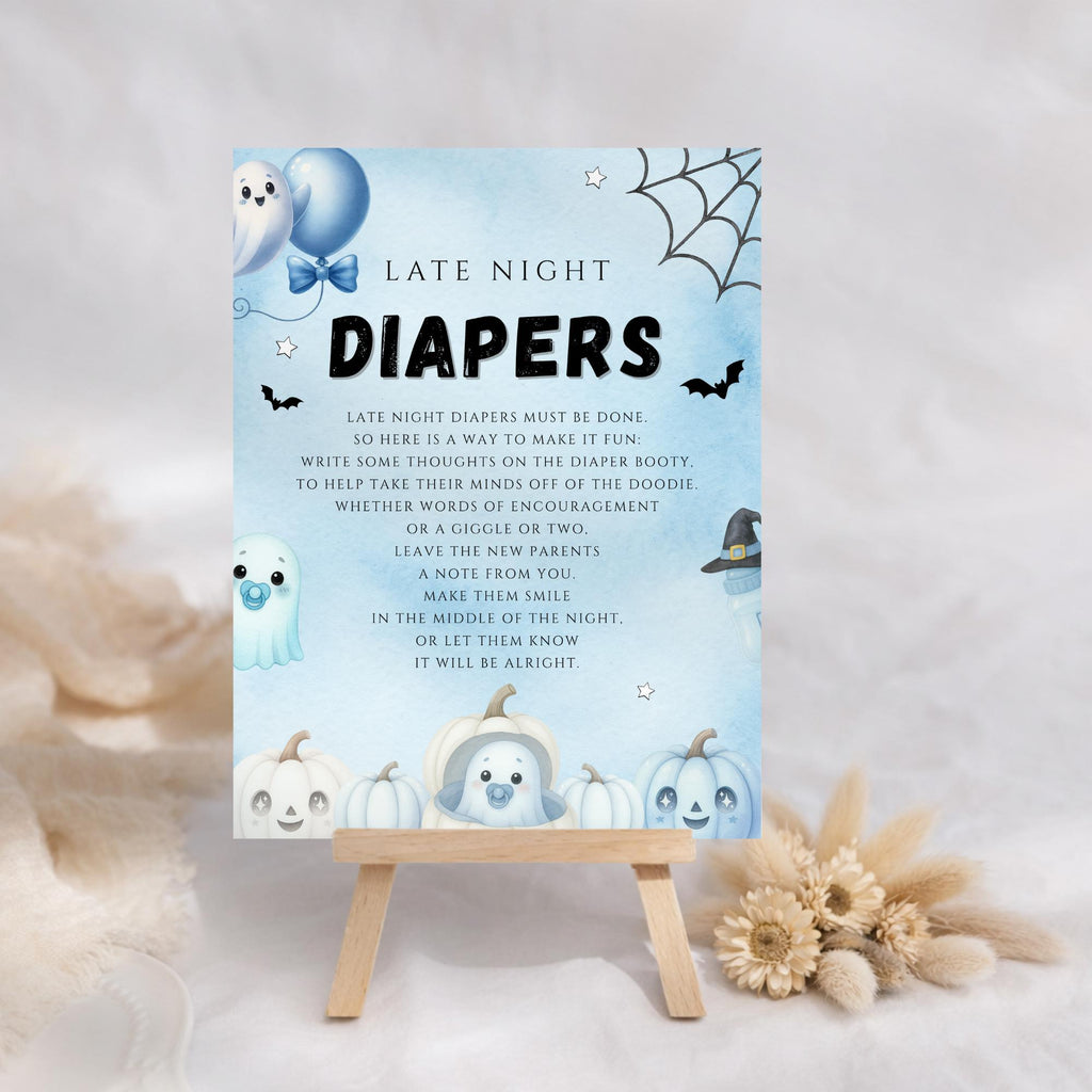 Little Boo Blue Late Night Diapers Sign - Little Boo blue Halloween baby shower printable