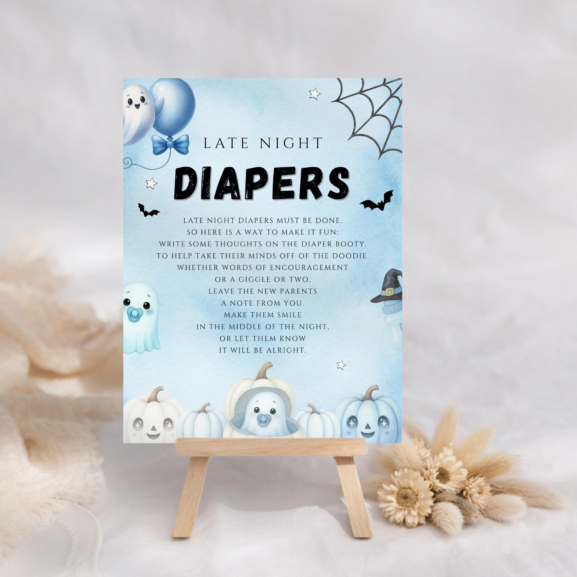 Little Boo Blue Late Night Diapers Sign - Little Boo blue Halloween baby shower printable