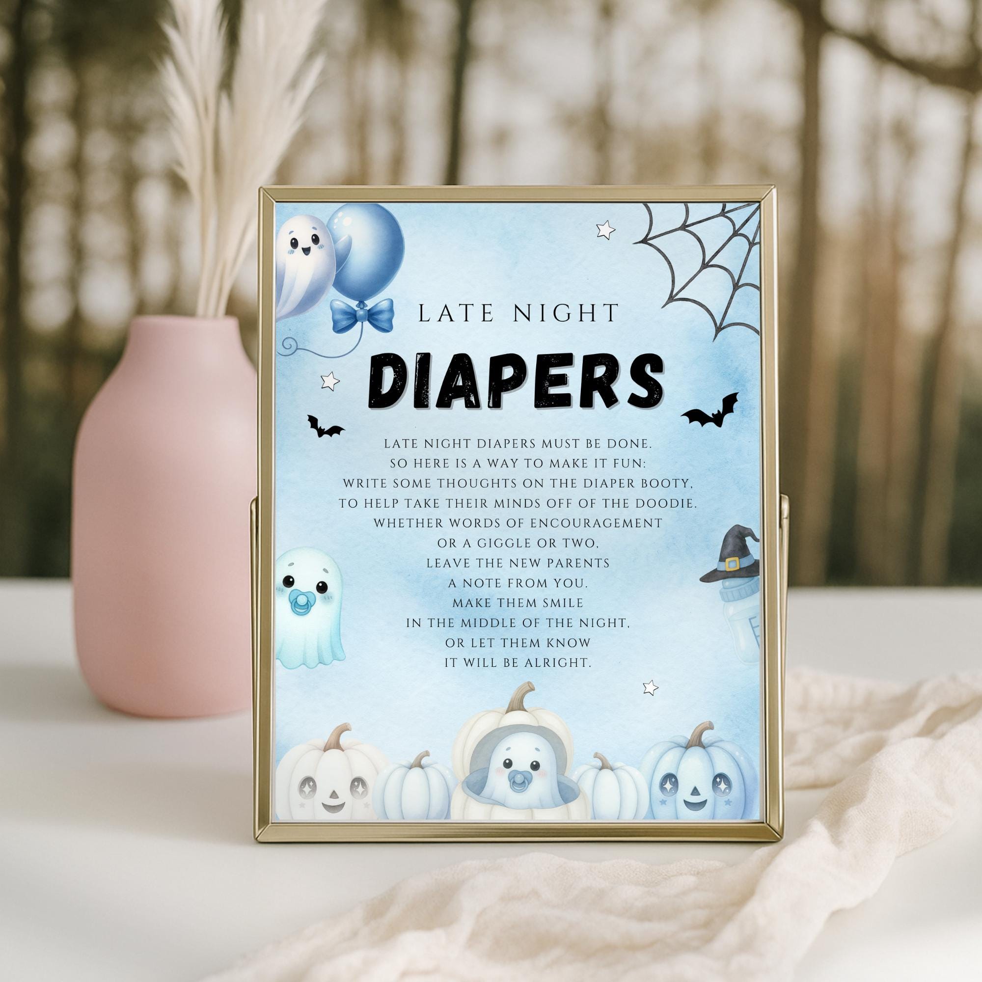 Little Boo Blue Late Night Diapers Sign - Little Boo blue Halloween baby shower printable