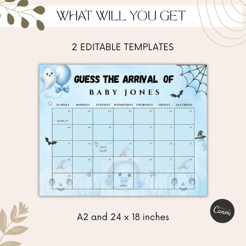 Little Boo Baby Shower Due Date Calendar, Blue Halloween Baby Shower Game, Editable A2 & 24x18 Baby Arrival Calendar