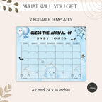 Little Boo Baby Shower Due Date Calendar, Blue Halloween Baby Shower Game, Editable A2 & 24x18 Baby Arrival Calendar