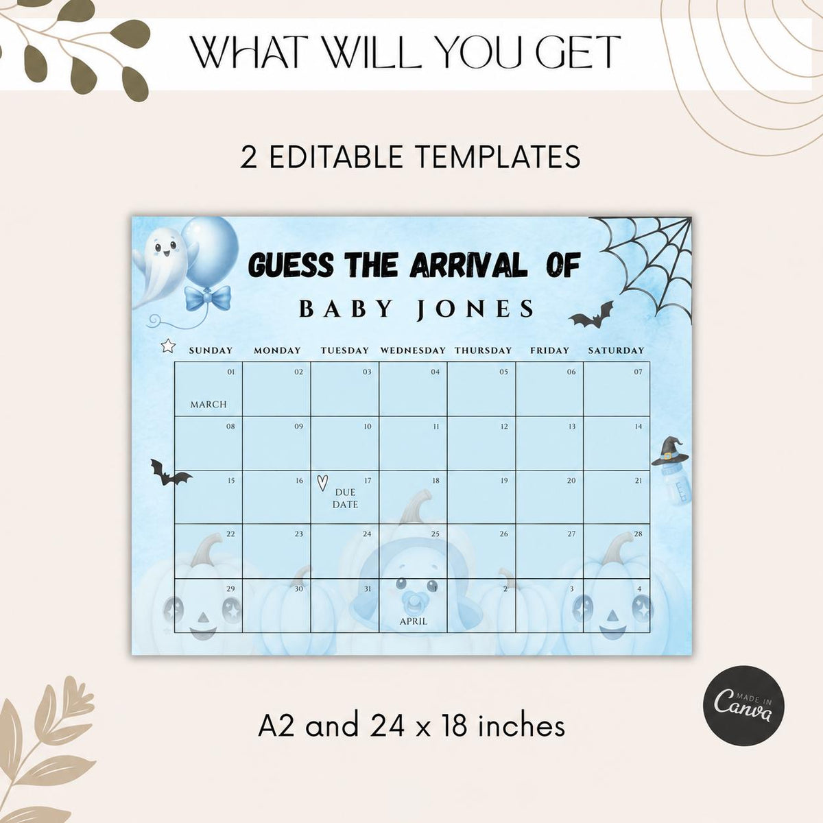 Little Boo Baby Shower Due Date Calendar, Blue Halloween Baby Shower Game, Editable A2 & 24x18 Baby Arrival Calendar
