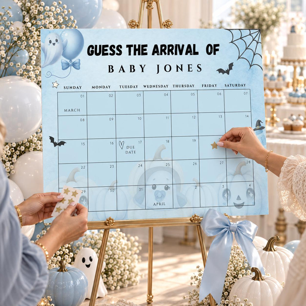 Little Boo Baby Shower Due Date Calendar, Blue Halloween Baby Shower Game, Editable A2 & 24x18 Baby Arrival Calendar