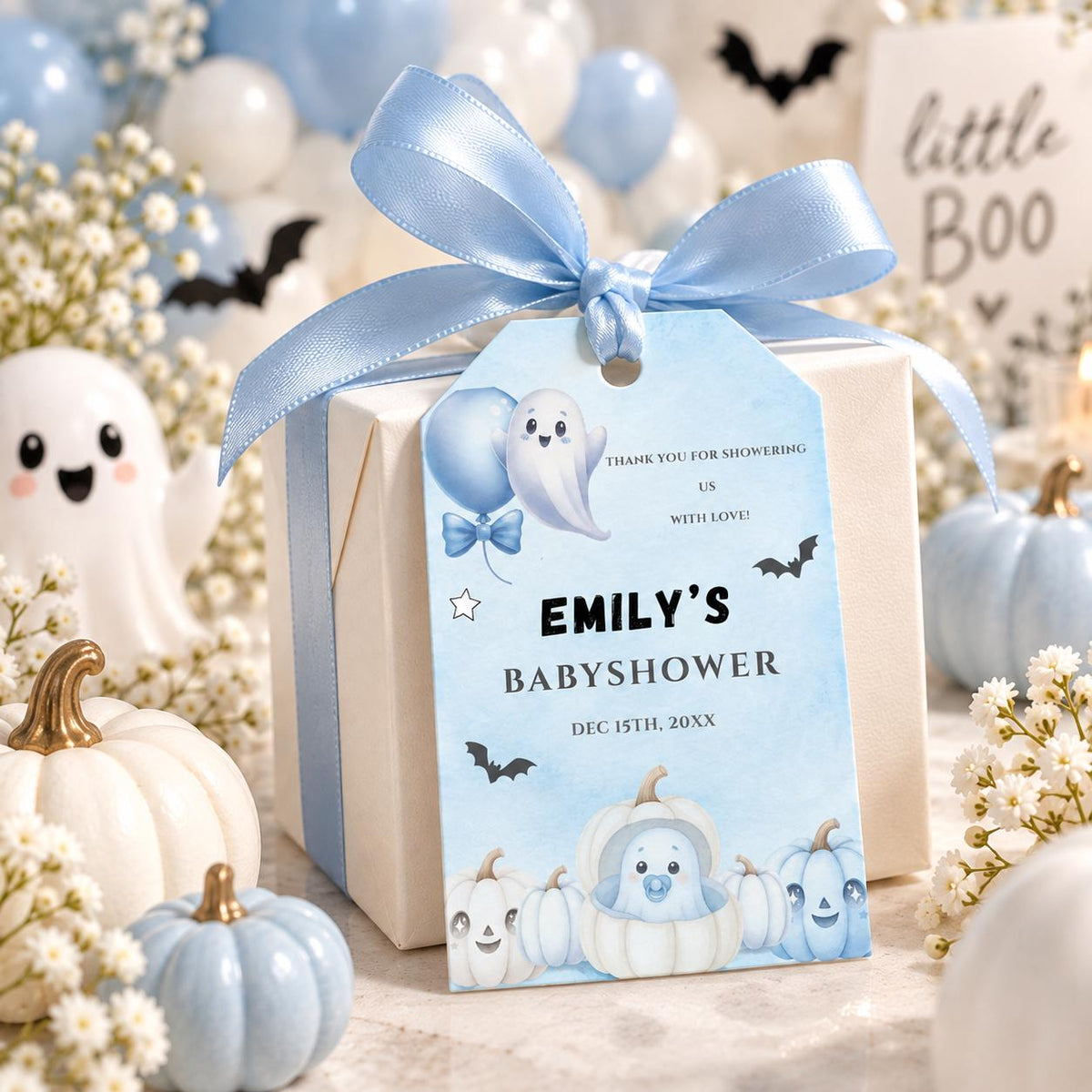 Little Boo Baby Shower Gift Tags, Blue Halloween Favor Tags, Editable Ghost Thank You Tags, Square Circle Rectangle Printable