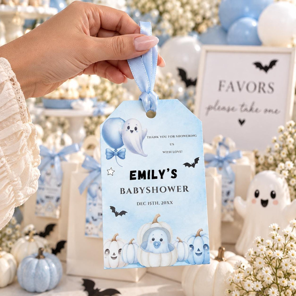 Little Boo Baby Shower Gift Tags, Blue Halloween Favor Tags, Editable Ghost Thank You Tags, Square Circle Rectangle Printable