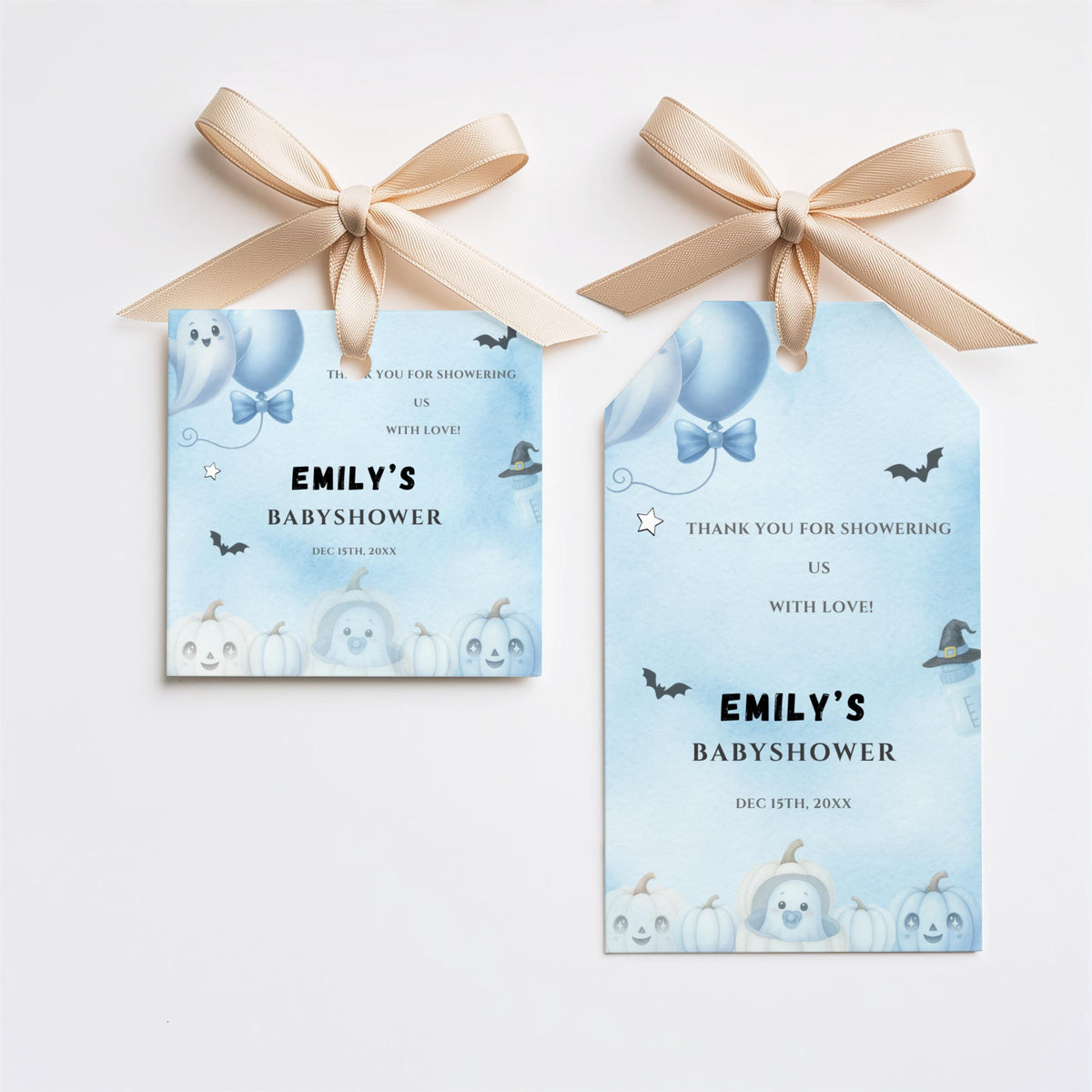 Little Boo Baby Shower Gift Tags, Blue Halloween Favor Tags, Editable Ghost Thank You Tags, Square Circle Rectangle Printable