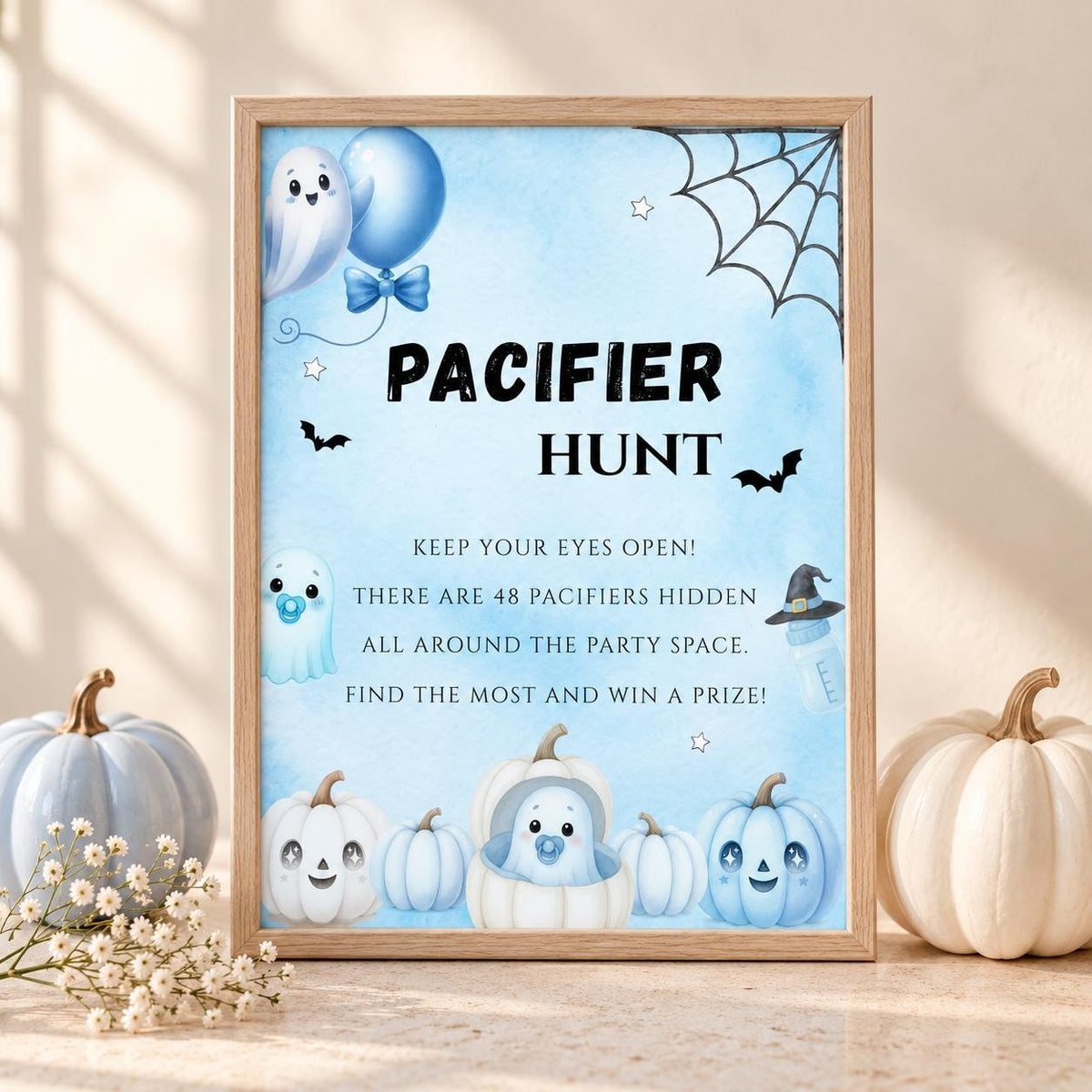Little Boo Baby Shower Pacifier Hunt Sign, Blue Halloween Baby Shower Game, Editable Ghost Sign, 5x7 8x10 A4 US Letter