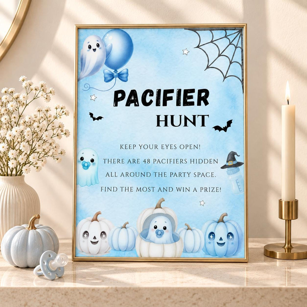 Little Boo Baby Shower Pacifier Hunt Sign, Blue Halloween Baby Shower Game, Editable Ghost Sign, 5x7 8x10 A4 US Letter