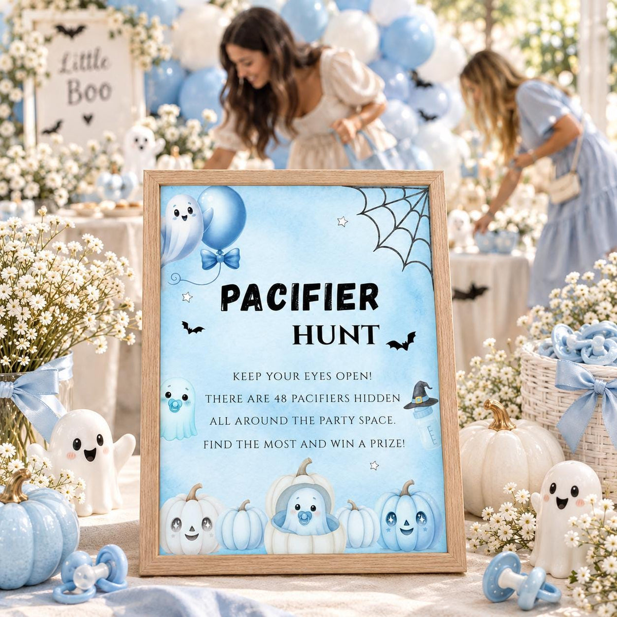 Little Boo Baby Shower Pacifier Hunt Sign, Blue Halloween Baby Shower Game, Editable Ghost Sign, 5x7 8x10 A4 US Letter