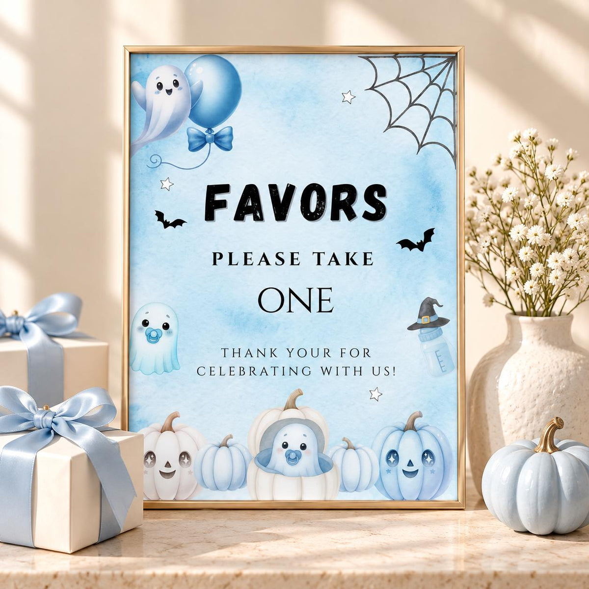 Little Boo Baby Shower Favors Sign, Blue Halloween Please Take One Sign, Editable Ghost Favor Sign, 5x7 8x10 A4 US Letter