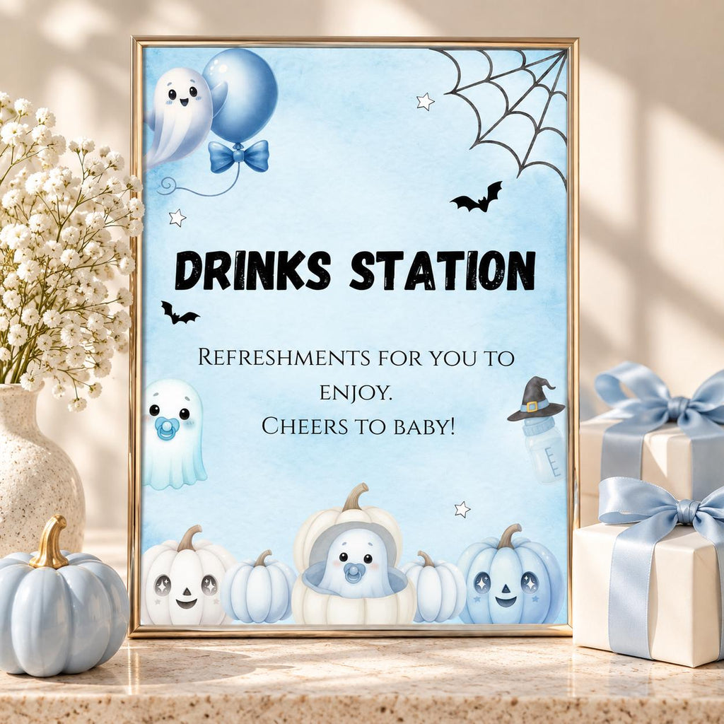 Little Boo Baby Shower Drinks Station Sign, Blue Halloween Baby Shower Decor, Editable Ghost Drink Table Sign, Digital Download