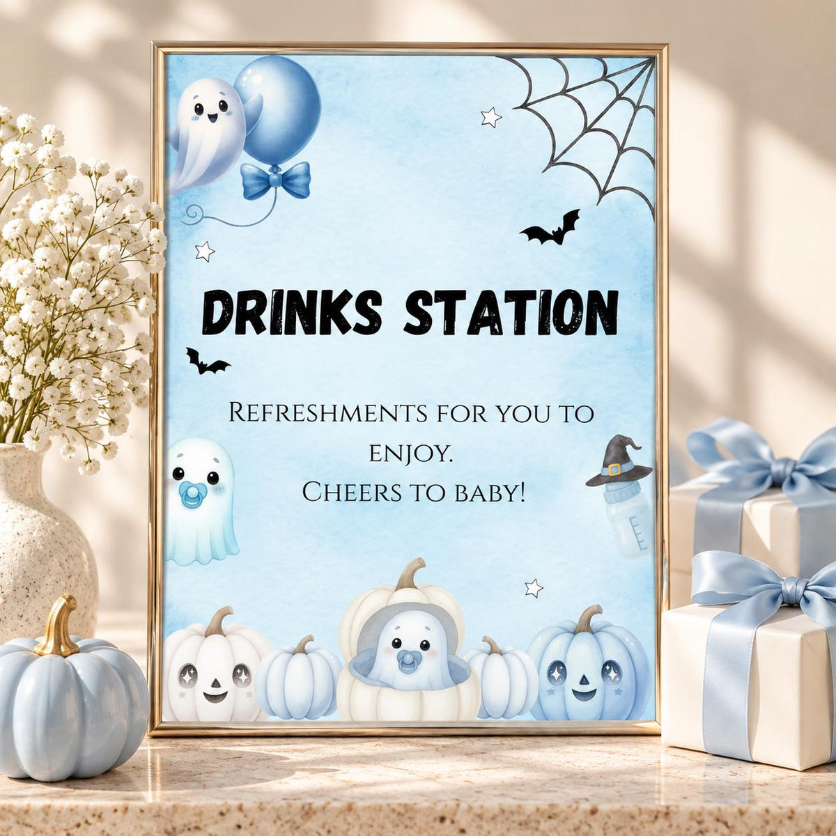 Little Boo Baby Shower Drinks Station Sign, Blue Halloween Baby Shower Decor, Editable Ghost Drink Table Sign, Digital Download