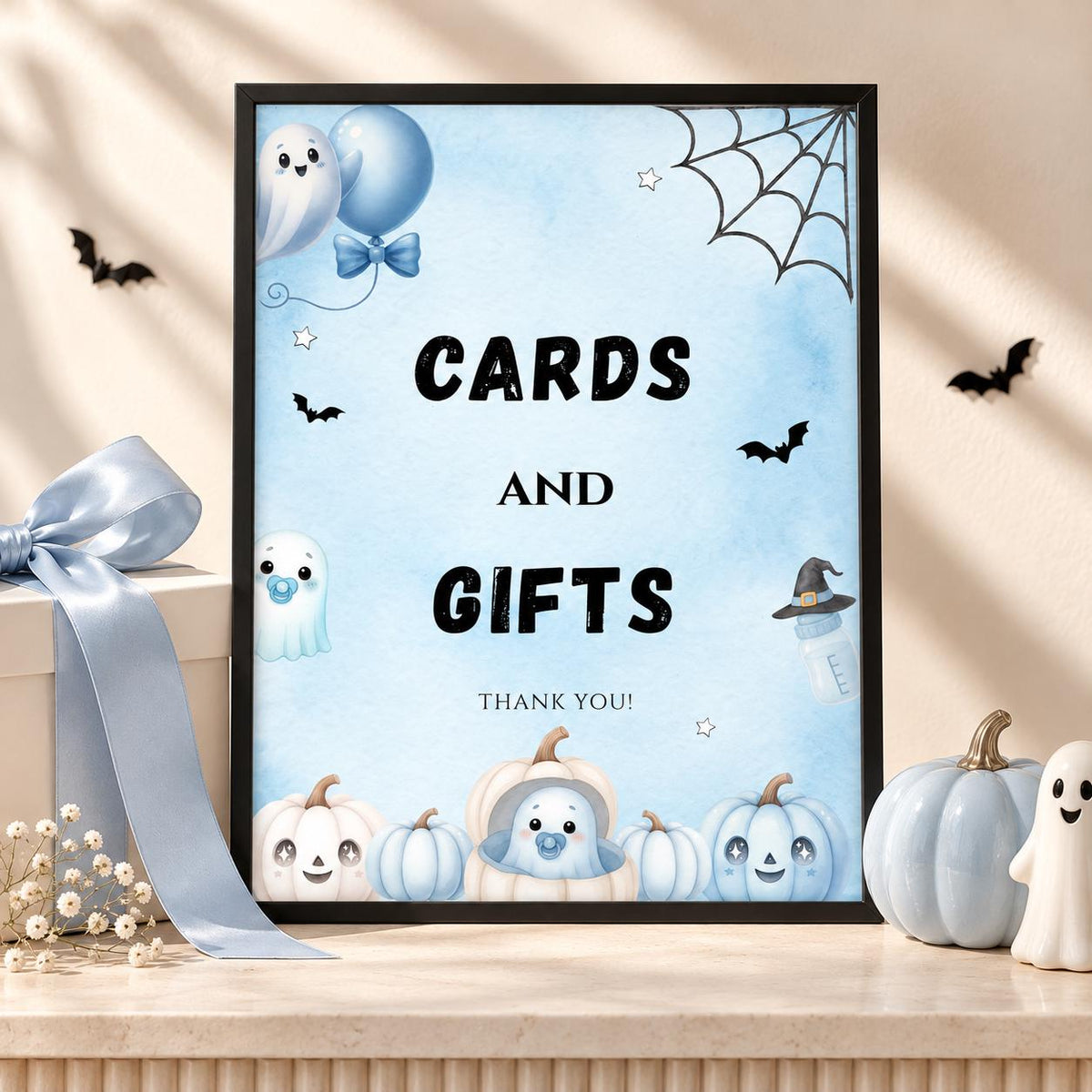 Little Boo Baby Shower Cards & Gifts Sign, Blue Ghost Baby Shower Sign, Halloween Gift Table Decor, Editable Template